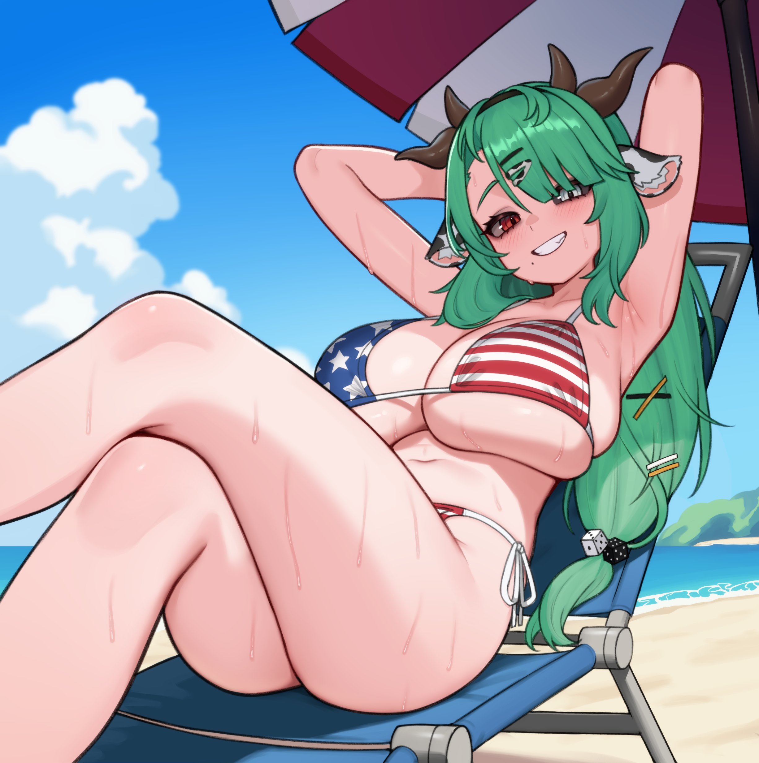 1girl, 1girls, absurdres, american flag, american flag bikini, american flag print, animal ears, armpits, arms behind head, beach, bikini, black sclera, blue sky, breasts, cleavage, cloud, colored sclera, cow ears, cow girl, cow horns, crelly, crossed legs, dice hair ornament, fat tits, female, flag print, flag print bikini, green hair, grey eyes, grey sclera, grin, hair ornament, hairband, heterochromia, highres, horns, huge breasts, indie virtual youtuber, long hair, looking at viewer, massive breasts, mismatched sclera, mole, mole under mouth, moursho, outdoors, ponytail, print bikini, red eyes, sand, sitting, sky, smile, solo, sweat, swimsuit, thighs, tits, underboob, virtual youtuber, vtuber, water, wet, x hair ornament