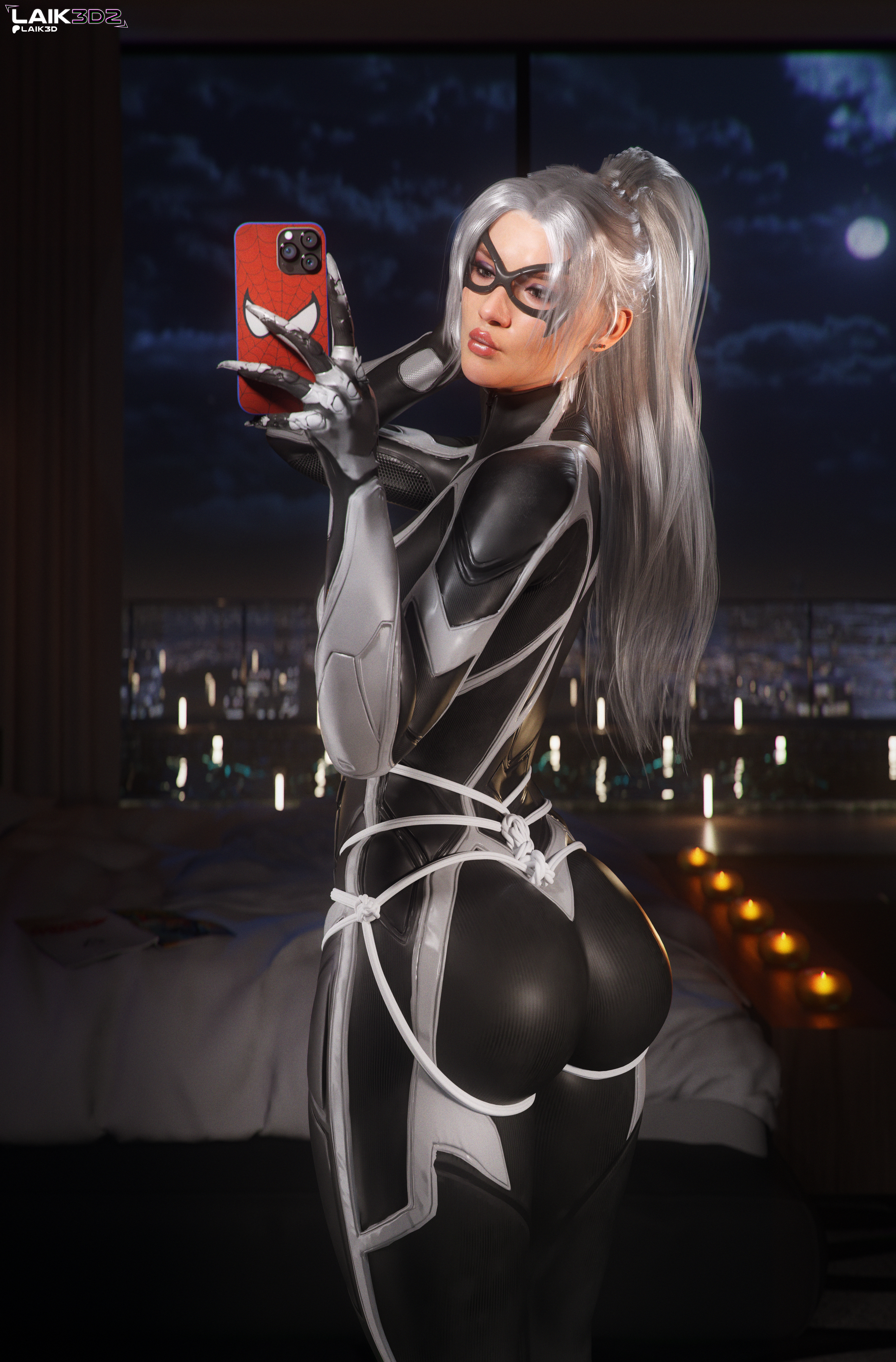 1girls, 2026, 3d, 3d (artwork), alternate version available, ass, ass focus, black cat (insomniac), black cat (marvel), bodysuit, bubble ass, bubble butt, fat ass, fat butt, felicia hardy, female, high resolution, highres, kissing, laik3d, laik3d2, marvel, marvel comics, puckered lips, self upload, selfie, selfie pose, skin tight, skintight, skintight bodysuit, spider-man (insomniac series), spider-man (series), suit, tight clothes, tight clothing