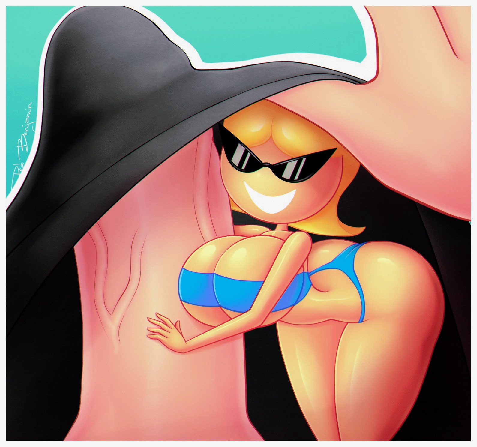 1boy, 1boy1girl, 1female, 1female1male, 1girl1boy, 1girls, 1male, 1male1female, 2d, 2d (artwork), 2d artwork, big breasts, bikini, blonde hair, blue bikini, boy, digital art, digital drawing, digital drawing (artwork), digital media, digital media (artwork), disney, doll, duo, female, girl, knick knack, living doll, living toy, looking at viewer, male, masturbating, masturbation, minigirl, minigirl on penis, partial male, pixar, redbenjamin, simple background, smile, smiling, smiling at viewer, sunglasses, sunny miami, tagme, thick thighs, toy, toy story, toy story 2, veiny penis