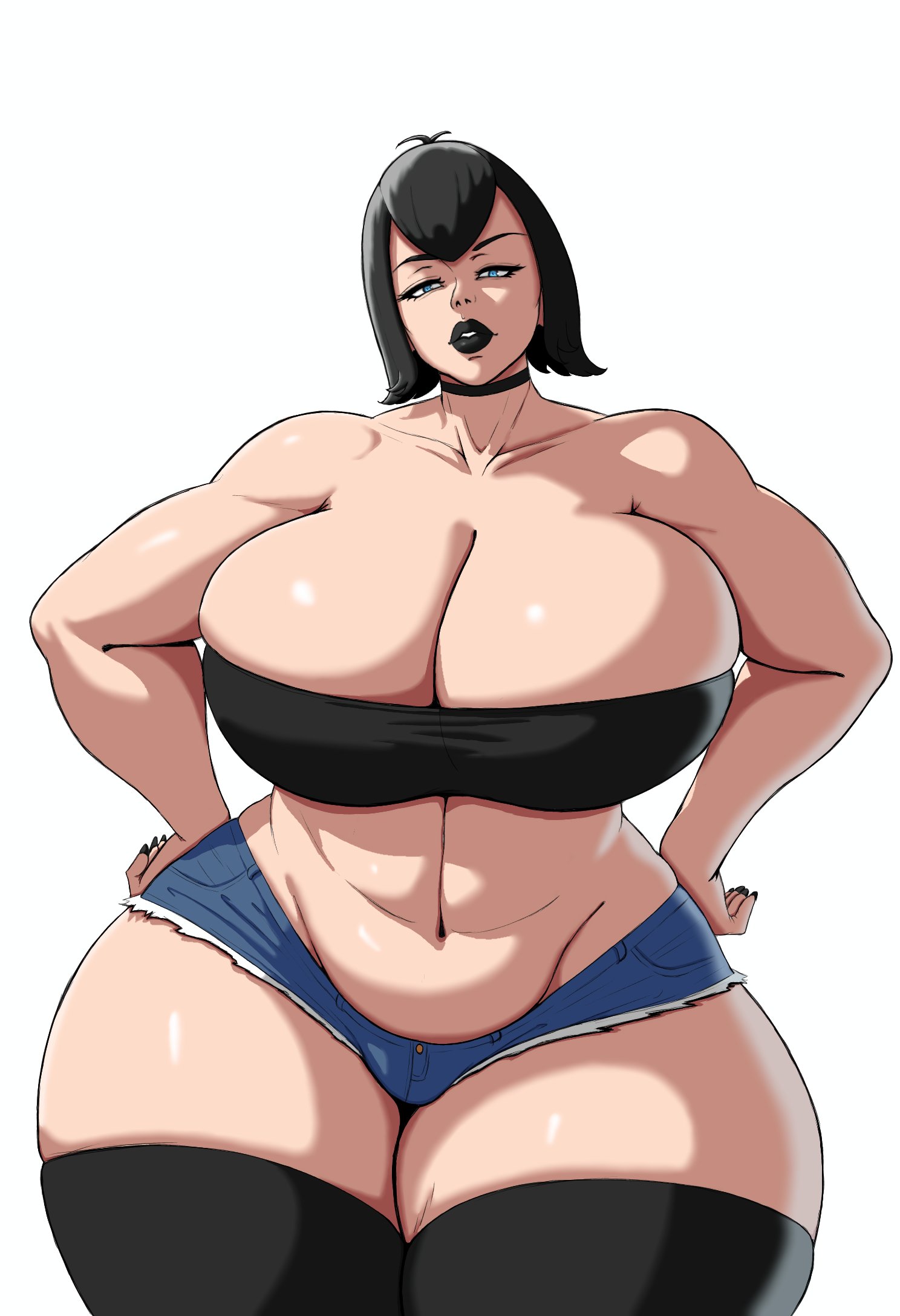 1girls, big breasts, black hair, black lips, black lipstick, black nail polish, black nails, black thighhighs, blue eyes, blue shorts, bottomwear, breasts, choker, cleavage, female, female only, front view, hair, half-closed eyes, hands on hips, hotel transylvania, huge breasts, legwear, lips, lipstick, mavis dracula, nail polish, nails, neckwear, short hair, short shorts, shorts, solo, solo female, thick lips, thick thighs, thighhighs, thighs, topwear, tubetop, vampire, vampire girl, white background, xaldream