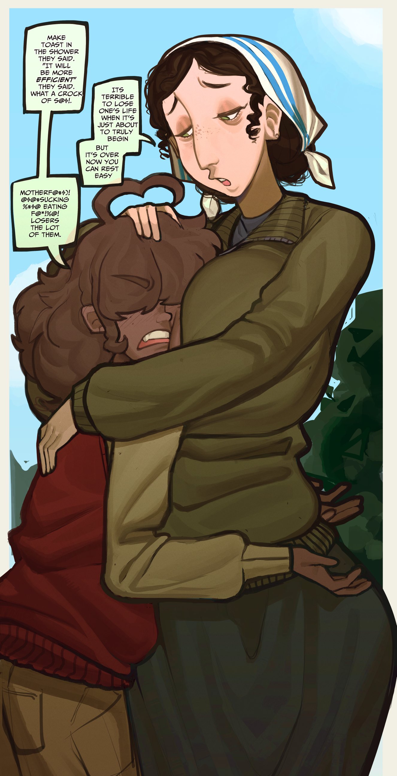 barry jay-migure, big breasts, bigger female, brunette hair, clothed, commission, consoling, dark-skin, dark-skinned femboy, dark-skinned male, dark-skinned sub, dialogue, dialogue box, embracing, femboy, gigantic breasts, huge breasts, hugging, jewish, jewish female, long nose, not porn, original, pripyatory (hellonearthiii), shoshanna (hellonearthiii), smaller male, tagme, text, text box, text bubble, white skin, white skinned female, zamoshvik