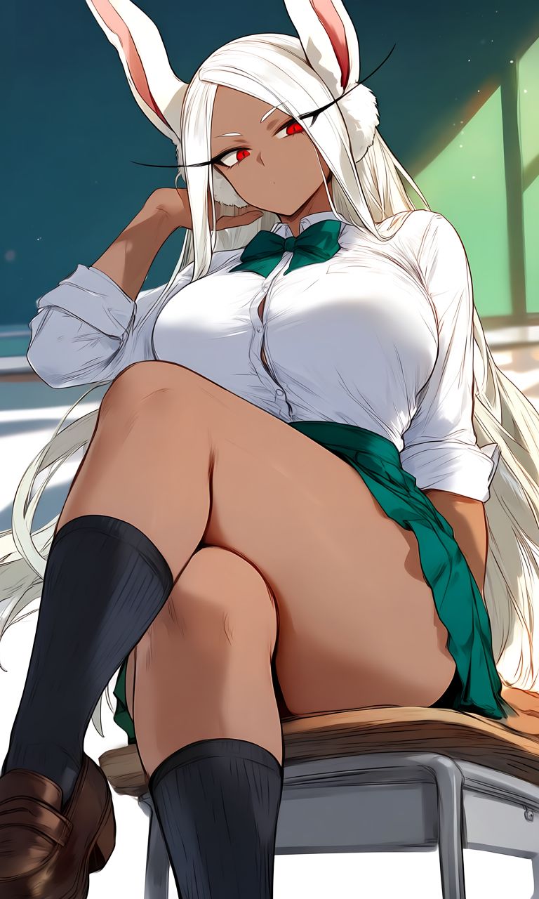 1girls, ai generated, big boobs, big breasts, big thighs, blouse, bunny ears, bunny girl, classroom, crossed legs, curvy, curvy body, curvy female, curvy figure, curvy thighs, dark skin, dark-skinned female, female, female only, huge breasts, kyoru189, large breasts, light skin, light-skinned female, looking at viewer, mature female, milf, mirko, miruko, my hero academia, rabbit, rabbit ears, rabbit girl, red eyes, rumi usagiyama, school uniform, schoolgirl, shiny, shiny skin, shirt, shoes, sitting, sitting on chair, skirt, solo, solo female, white hair