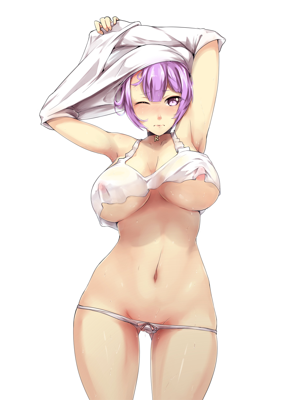 areola slip, armpits, arms up, ass visible through thighs, bow, bow panties, bra, breasts, choker, covered nipples, cowboy shot, female, highres, large breasts, looking at viewer, lowleg, lowleg panties, navel, one eye closed, original, packge, panties, purple eyes, purple hair, see-through, short hair, simple background, solo, sweat, underboob, underwear, undressing, wet, white background, white bra, white panties, wide hips