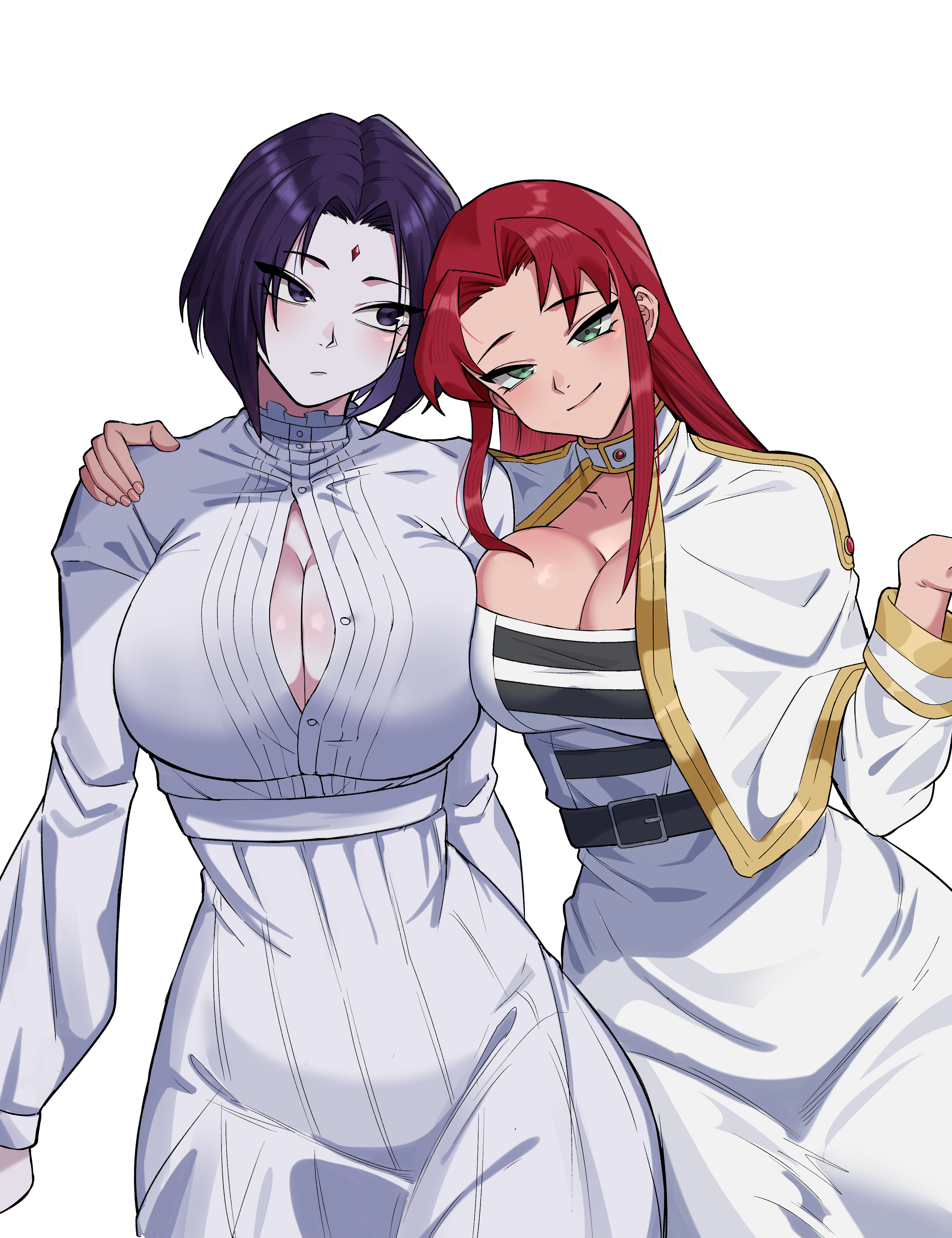 10:13, 2girls, alternate breast size, alternate breast size (larger), arm around shoulder, arms at sides, big breasts, blush, breasts, cleavage, cleavage cutout, clothing cutout, cosplay, dc, dc comics, dress, english commentary, eyes visible through hair, female, female only, fern (sousou no frieren), fern (sousou no frieren) (cosplay), fingernails, frieren, frieren (cosplay), green eyes, hair between eyes, hourglass figure, huge breasts, large breasts, light blush, light smile, long hair, looking at viewer, looking to the side, mg99, mg991998, multiple girls, nail polish, narrow waist, purple eyes, purple hair, raven (dc), red hair, short hair, side-by-side, sidelocks, smile, sousou no frieren, starfire, teen titans, upper body, white background, white dress, wide hips