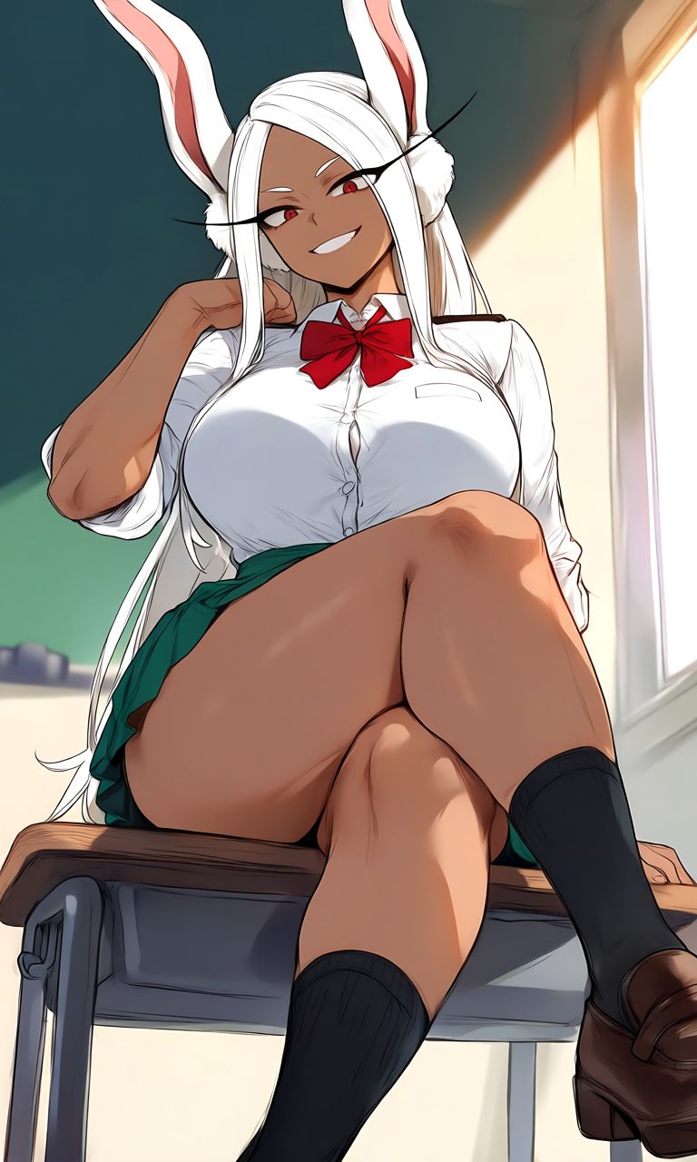 1girls, ai generated, big boobs, big breasts, big thighs, blouse, bunny ears, bunny girl, classroom, crossed legs, curvy, curvy body, curvy female, curvy figure, curvy thighs, dark skin, dark-skinned female, female, female only, huge breasts, kyoru189, large breasts, light skin, light-skinned female, looking at viewer, mature female, milf, mirko, miruko, my hero academia, rabbit, rabbit ears, rabbit girl, red eyes, rumi usagiyama, school uniform, schoolgirl, shiny, shiny skin, shirt, shoes, sitting, sitting on chair, skirt, solo, solo female, white hair