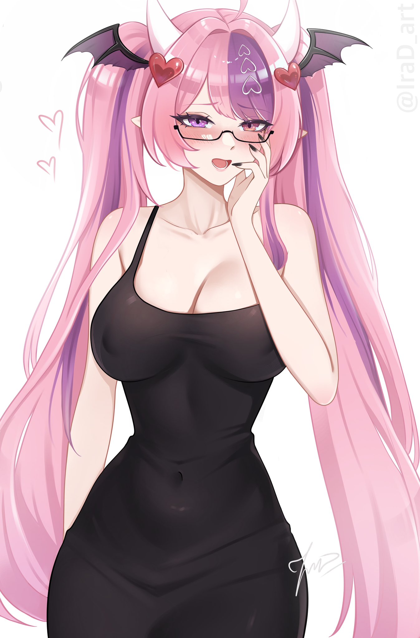 1girls, ahoge, alternate costume, artist name, bare shoulders, black clothing, black dress, black nails, black-framed eyewear, blush, breasts, cleavage, collarbone, commentary, covered erect nipples, covered navel, demon girl, demon horns, demon wings, dress, english commentary, fang, female, female only, fingernails, glasses, hair ornament, hand on own face, head wings, heart, heart ahoge, heart hair ornament, heterochromia, hi res, horns, hourglass figure, indie virtual youtuber, irad art, ironmouse, ironmouse (season 3), large breasts, latina, long hair, looking at viewer, multicolored hair, nail polish, navel, navel visible through clothes, nipple bulge, open mouth, painted fingernails, painted nails, pink eyes, pink hair, pointy ears, purple eyes, purple hair, red eyes, semi-rimless eyewear, simple background, sleeveless, smile, solo, streaked hair, taut clothes, taut dress, thin waist, tight clothes, tight dress, twintails, twitter username, under-rim eyewear, very long hair, virtual youtuber, vtuber, white background, wings