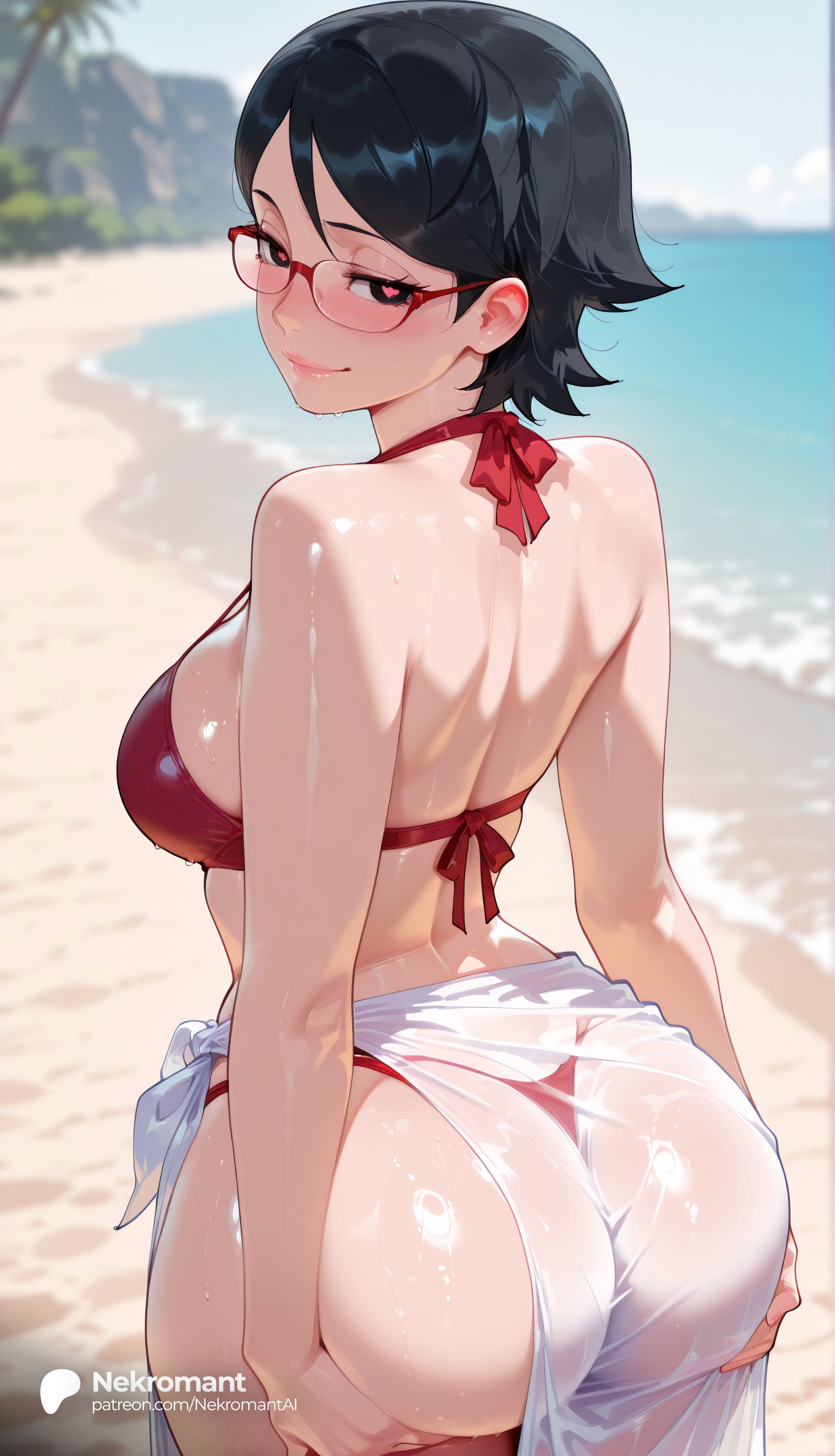 1girl, 1girls, absurd res, absurdres, ai generated, ass, ass focus, ass grab, ass support, back, bare shoulders, beach, big ass, big breasts, bikini, black eyes, black hair, blurry, blurry background, blush, boruto: naruto next generations, breasts, closed mouth, cowboy shot, day, female, female focus, from behind, glasses, grabbing own ass, halterneck, hands on own ass, heart, heart-shaped pupils, hi res, high quality, high resolution, highleg bikini, highres, huge ass, large ass, large breasts, lips, looking at viewer, looking back, medium breasts, naruto, naruto (series), naruto shippuden, nekromant, ocean, outdoors, red bikini, red-framed eyewear, sarada uchiha, sarong, see-through, shiny skin, short hair, sky, smile, solo, solo focus, standing, straight, swimsuit, symbol-shaped pupils, thick thighs, thong bikini, tree, uchiha sarada, water, wet, wet clothes, white sarong, wide hips