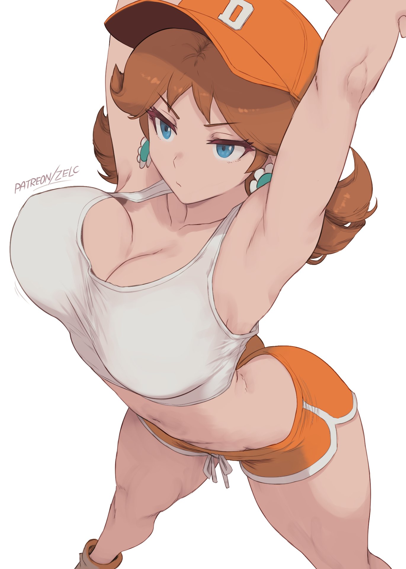 1girls, big breasts, breasts, double commando, female, female focus, female only, going commando, large breasts, light skin, light-skinned female, mario (series), princess daisy, solo, thick thighs, thighs, white background, wide hips, zelc-face