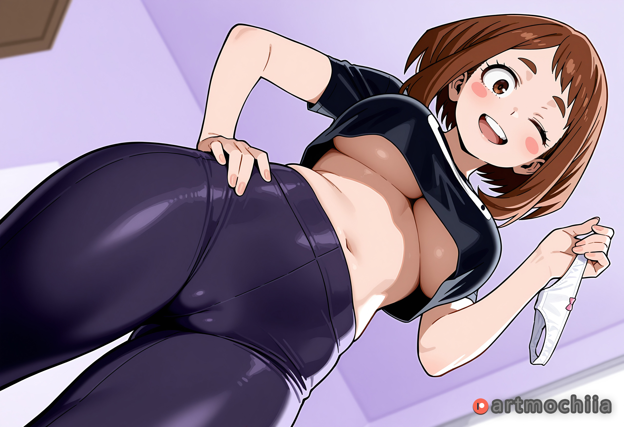 ;d, 1girl, 1girls, ai generated, anime, artmochiia, ass visible through thighs, big breasts, black pants, black shirt, blush, blush stickers, boku no hero academia, bow, bow panties, breasts, brown eyes, brown hair, brown-haired female, cameltoe, ceiling, ceiling light, crop top, crop top overhang, cropped shirt, curvaceous, curvaceous female, curvaceous figure, curvy, curvy figure, fanart, female, female focus, from below, hand on own hip, holding, holding clothes, holding panties, holding underwear, indoors, large breasts, looking at viewer, midriff, my hero academia, navel, no bra, ochaco uraraka, one eye closed, open mouth, panties, pants, round teeth, shirt, short hair, short sleeves, sidelocks, smile, solo, standing, stomach, teeth, tight clothes, tight pants, uncensored, underboob, underwear, upper teeth only, uraraka ochako, voluptuous, voluptuous female, white panties
