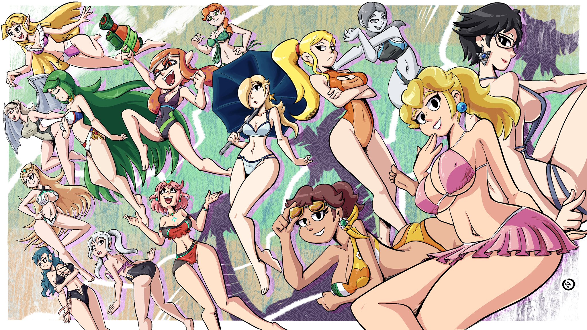 15girls, 2023, 6+girls, a link between worlds, a link to the past, alex (minecraft), ass, bayonetta, bayonetta (character), big breasts, bikini, bikini skirt, black bikini, black eyes, black hair, black swimsuit, blonde hair, blue earrings, blue hair, border, breasts, brown hair, byleth (fire emblem), byleth (fire emblem) (female), cephalopod humanoid, cleavage, cleavage cutout, closed eyes, clothed, clothed female, corrin (fire emblem), corrin (fire emblem) (female), covered navel, crossover, earrings, female, female only, fire emblem, fire emblem fates, fire emblem: three houses, flower earrings, glasses, green bikini, green eyes, green hair, green swimsuit, grey body, grey eyes, grey hair, grey skin, hair ornament, hair over one eye, human, humanoid, inkling, inkling girl, kaori (splatoon), kid icarus, kid icarus uprising, light skin, light-skinned female, long hair, looking at viewer, looking back, looking back at viewer, mario (series), medium breasts, medium hair, metroid, minecraft, mojang, mole, mole under mouth, multicolored one-piece swimsuit, multicolored swimsuit, multiple girls, mythra, mythra (radiant beach) (xenoblade), mythra (xenoblade), nanus2, navel, nintendo, nipple bulge, one-piece swimsuit, open eyes, open mouth, orange eyes, orange hair, orange one-piece swimsuit, orange swimsuit, outside border, palutena, pink bikini, pink hair, pink swimsuit, pointy ears, ponytail, princess daisy, princess peach, princess rosalina, princess zelda, print bikini, print swimsuit, pyra, pyra (pro swimmer) (xenoblade), pyra (xenoblade), red eyes, robin (fire emblem), robin (fire emblem) (female), samus aran, shooter (splatoon), short hair, side-tie bikini, small breasts, smile, splatoon, splatoon (series), splattershot, star earrings, sunglasses, super mario galaxy, super smash bros., super smash bros. ultimate, swimsuit, tentacle hair, the legend of zelda, thighs, twintails, two-tone one-piece swimsuit, two-tone swimsuit, umbrella, very long hair, weapon, white bikini, white border, white swimsuit, wii fit, wii fit trainer, wii fit trainer (female), wings, xenoblade (series), xenoblade chronicles 2, zelda (a link between worlds), zelda (a link to the past)