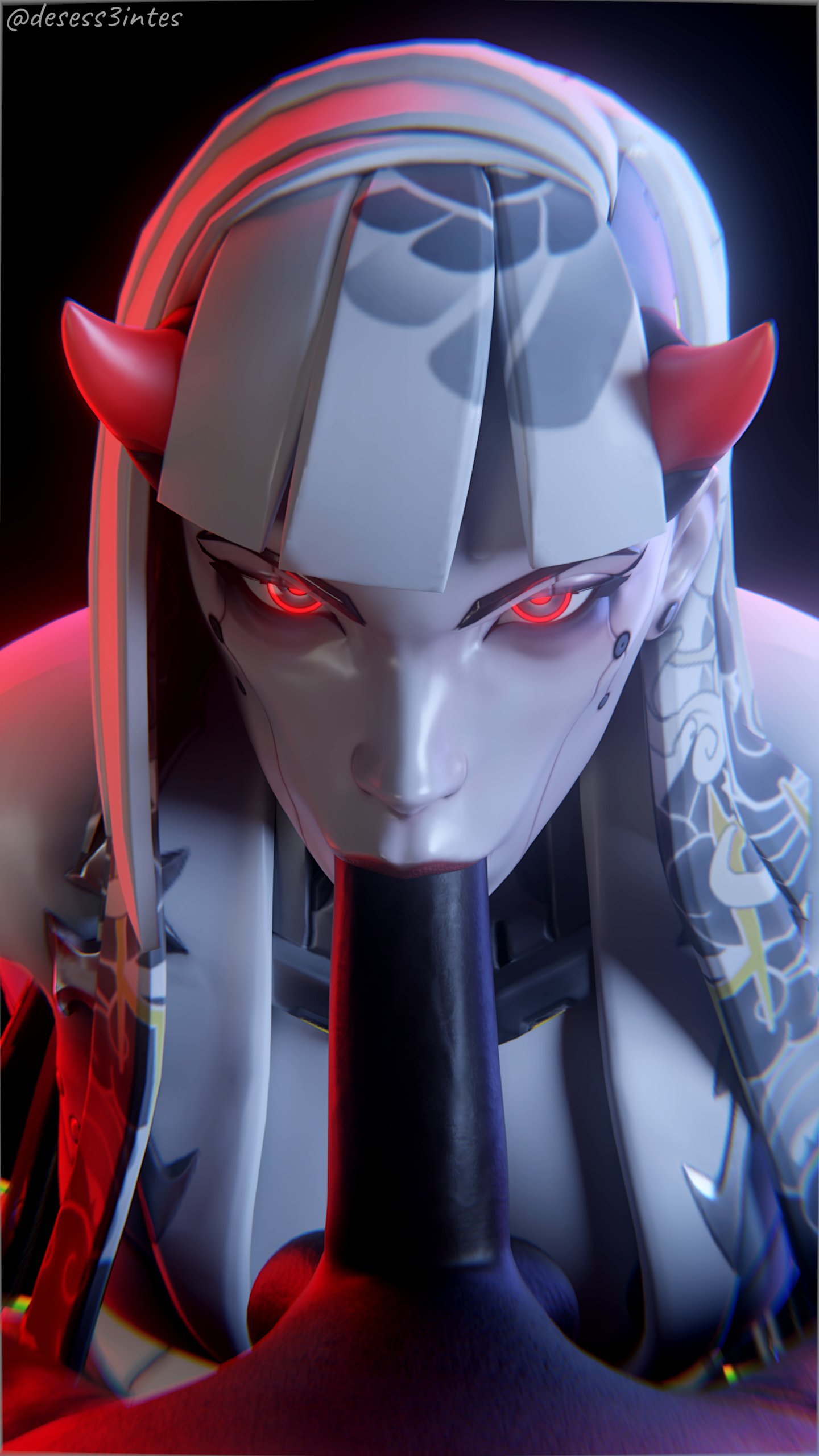 1boy, 1girls, 3d, 3d (artwork), 3d model, 3d render, blowjob, dark-skinned male, desess3intes, fellatio, looking at viewer, overwatch, pov, shion (overwatch), tagme
