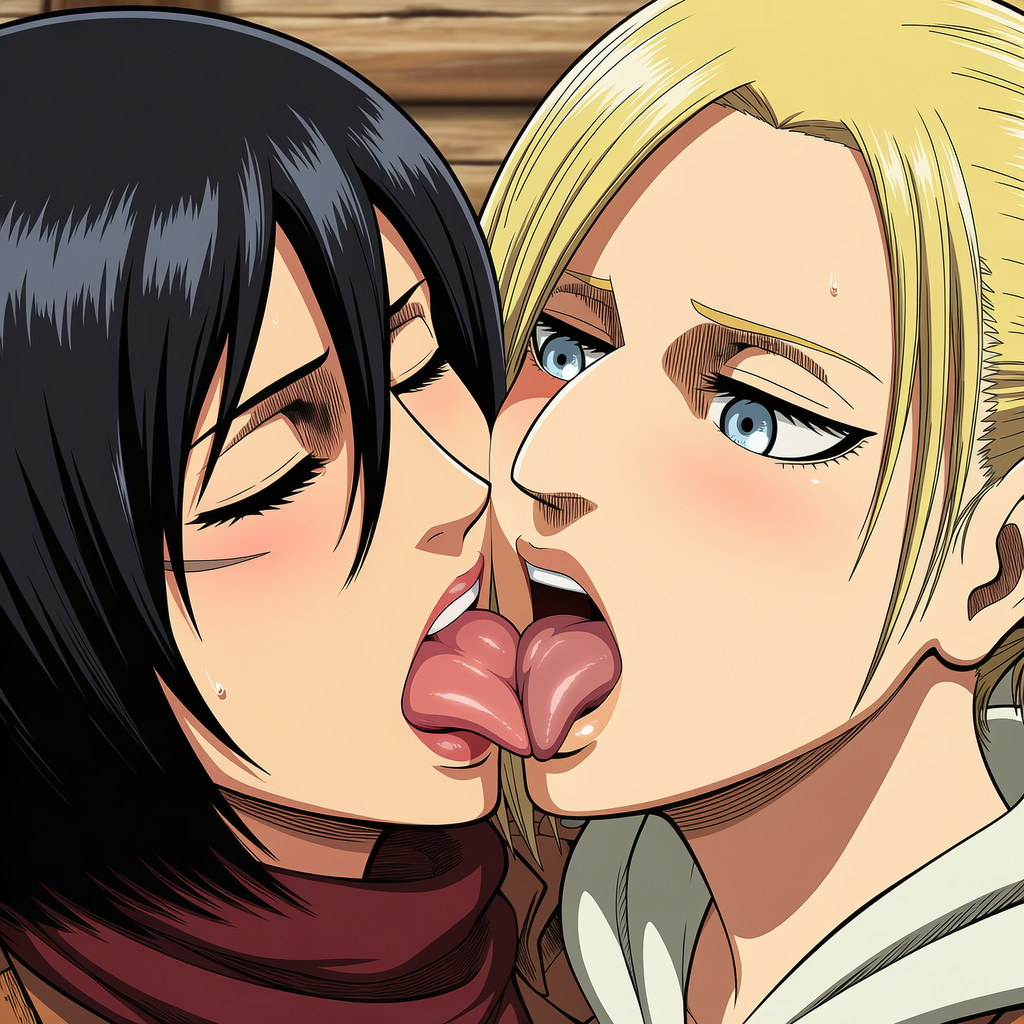2girls, ai generated, annie leonhardt, attack on titan, black hair, black hair female, black-haired female, blonde female, blonde hair, blonde-haired female, blue eyes, close-up, closed eyes, eyes, eyes closed, eyes open, female/female, french kiss, french kissing, light skin, light-skinned female, light-skinned females, mikasa ackerman, mouth open, novelai, open eyes, open mouth, scar, scar on face, shingeki no kyojin, tongue, tongue kiss, tongue out