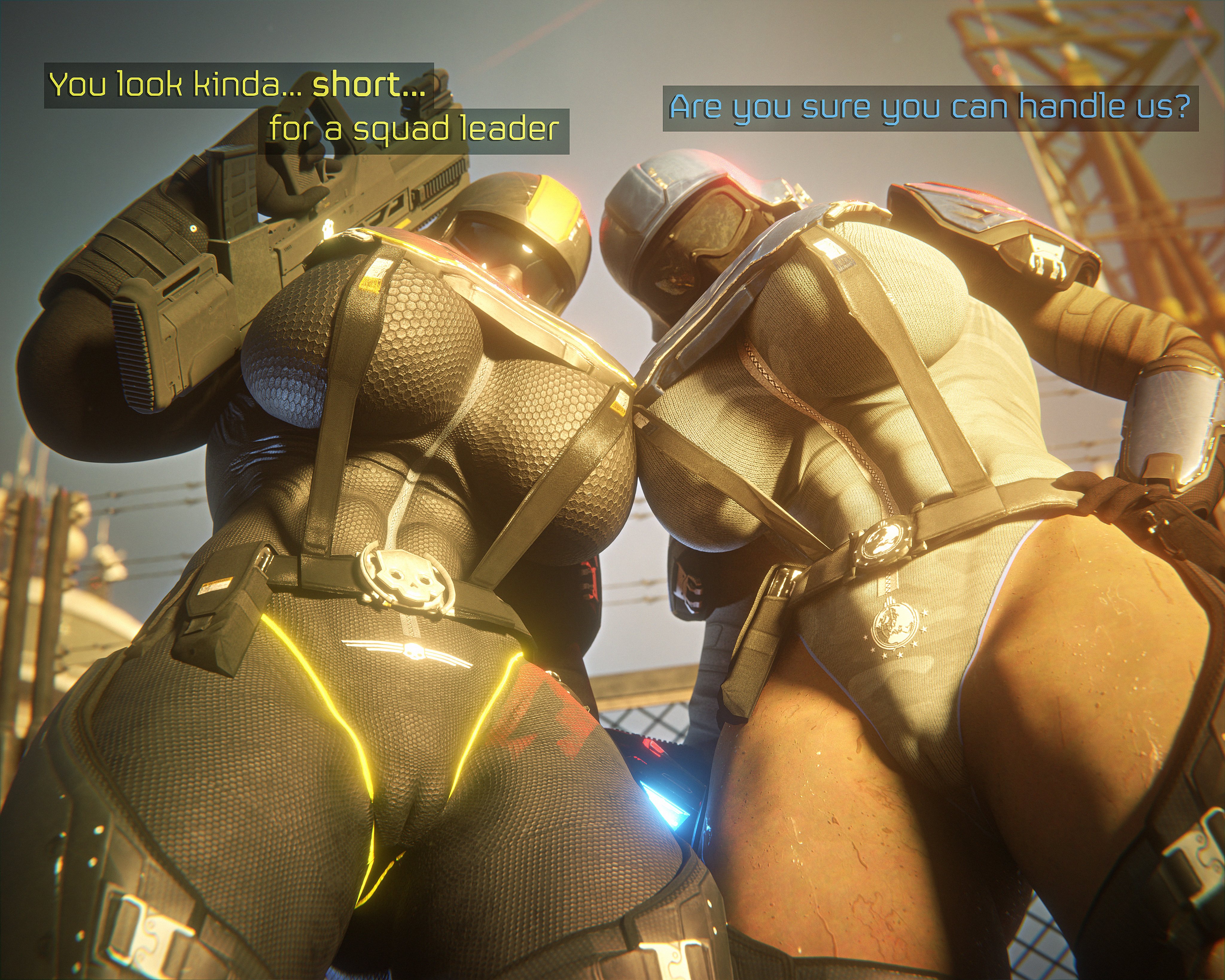2girls, armor, armored female, arrowhead game studios, big ass, big breasts, cameltoe, female only, helldiver (helldivers), helldivers, helldivers 2, helmet, helmet only, huge ass, looming, looming over, military uniform, pov, seaf soldier (helldivers), small d0rk, tall female, taller female, text, thick ass, thick thighs