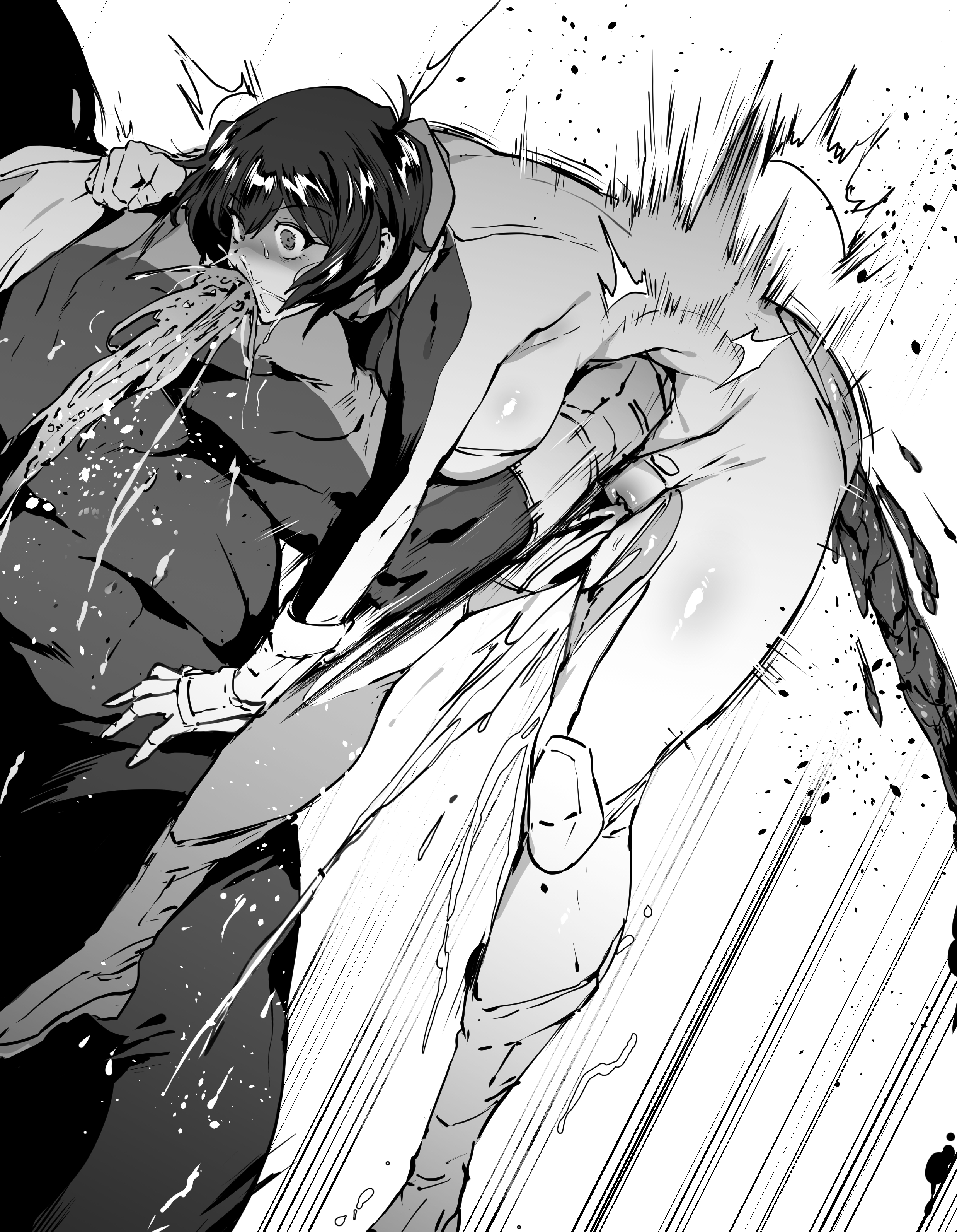 gut punch, huge breasts, monochrome, puke, punch, ryona, scat, thirty 8ght, vomit