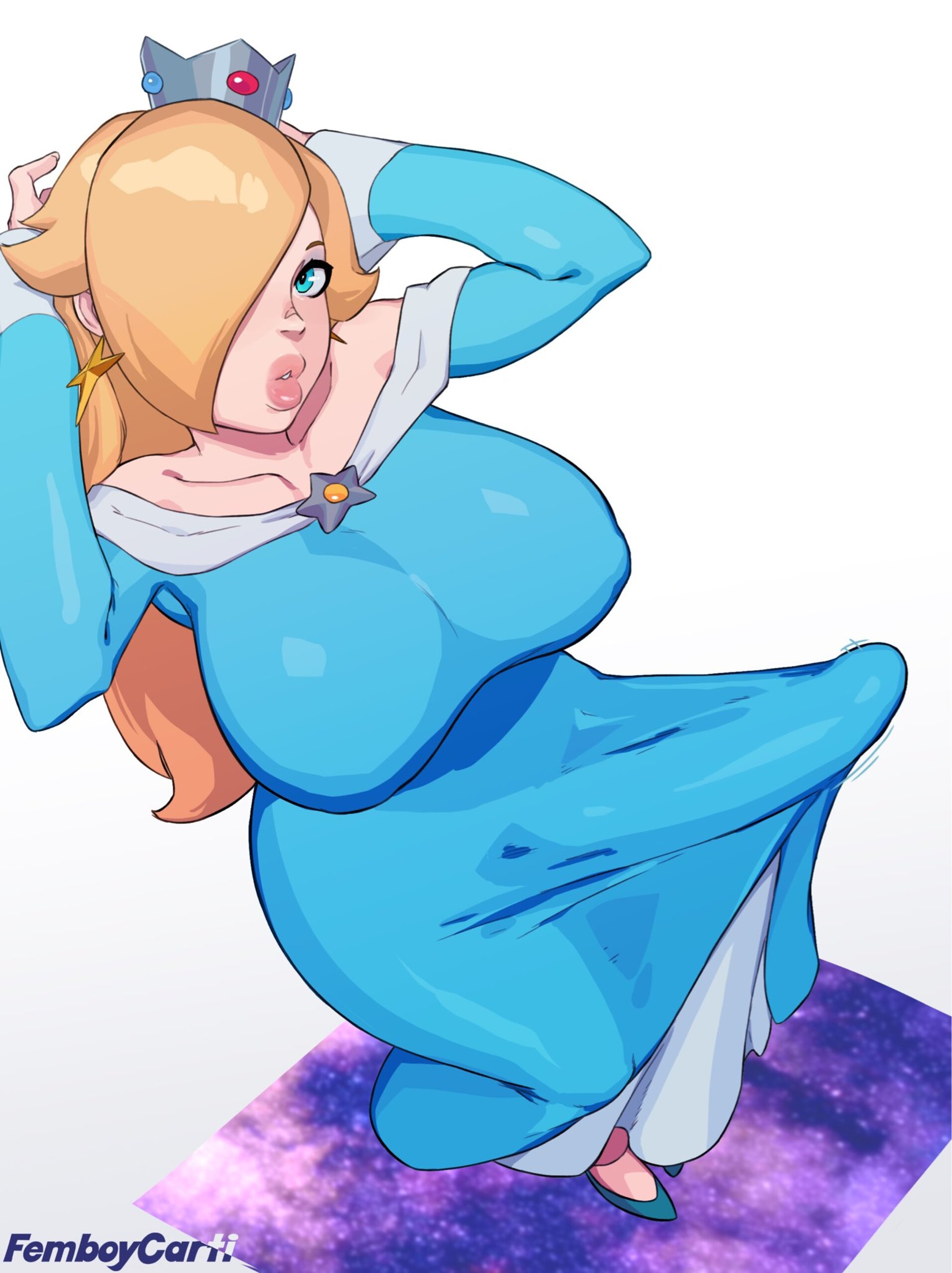 1futa, 2026, 2d, 2d (artwork), artist name, balls, bare shoulders, big breasts, big cock, big lips, big penis, blonde hair, blue dress, blue eyes, boobs, breasts, bulge, bulge through clothing, bulge under clothes, clothed, clothed futa, clothing, cock, collarbone, crown, curvaceous, curvy, curvy figure, dick, dickgirl, dickgirl only, dress, erect penis, erection, femboycarti, fully clothed, futa only, futanari, genitals, hair over one eye, heels, hi res, high heels, highres, huge breasts, huge cock, huge penis, intersex, intersex only, large breasts, large cock, large penis, light skin, light-skinned futa, lips, long hair, looking at viewer, looking up, mario (series), nintendo, nipple bulge, nipples, penis, princess rosalina, rosalina bulge (meme), simple background, straight hair, super mario bros., super mario galaxy, super mario galaxy (2026 film), thick hips, thick thighs, thighs, tits, voluptuous, voluptuous futa, watermark, white background, white border, wide hips, yellow hair