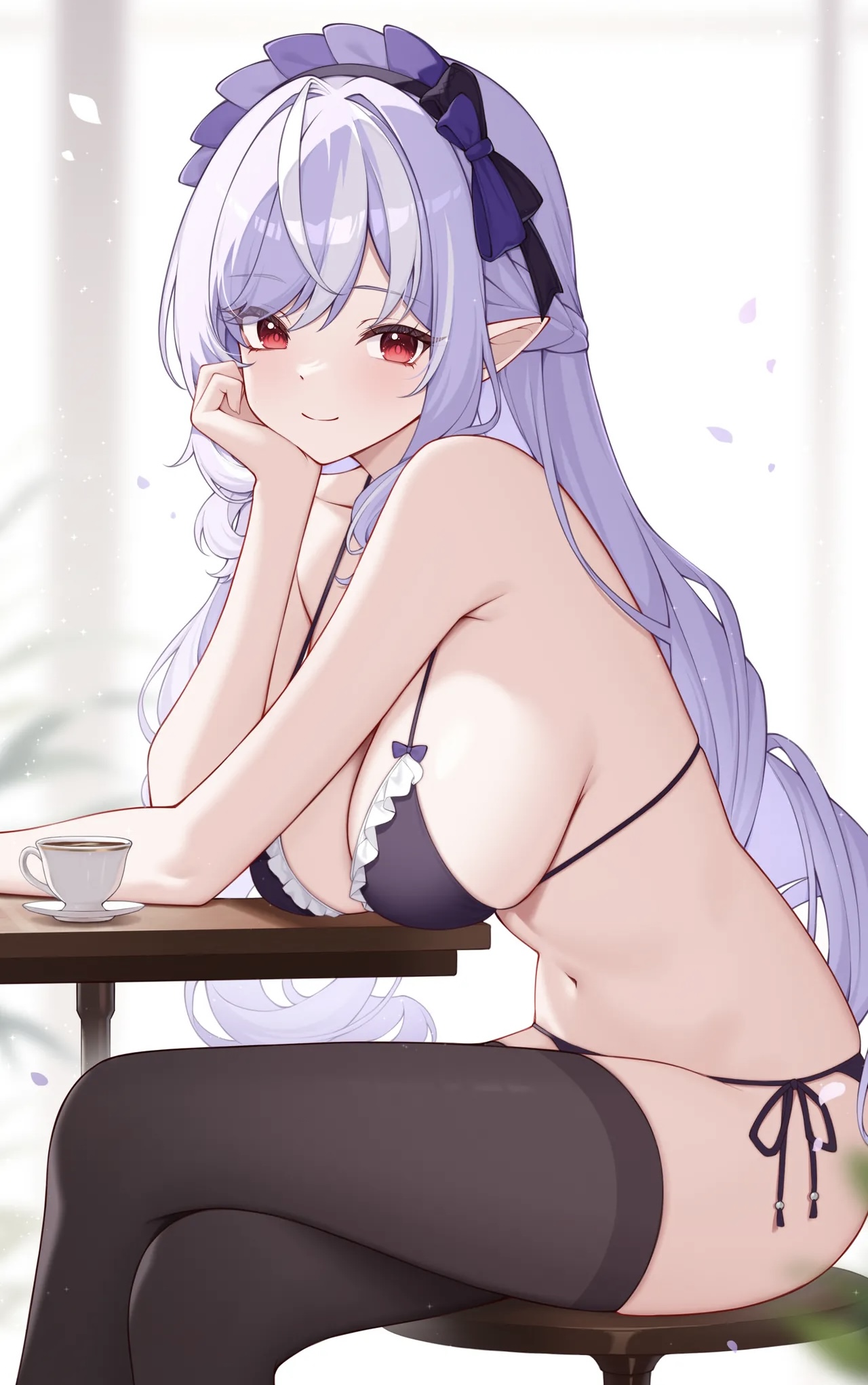 1girls, artist request, bra, breasts, cup, drill hair, elf, elf female, elf girl, female focus, female only, large breasts, legs crossed, long hair, looking at viewer, panties, pointy ears, purple hair, red eyes, sitting, smiling, smiling at viewer, solo, solo female, string bra, string panties, table, thighhighs, vivian banshee, zenless zone zero