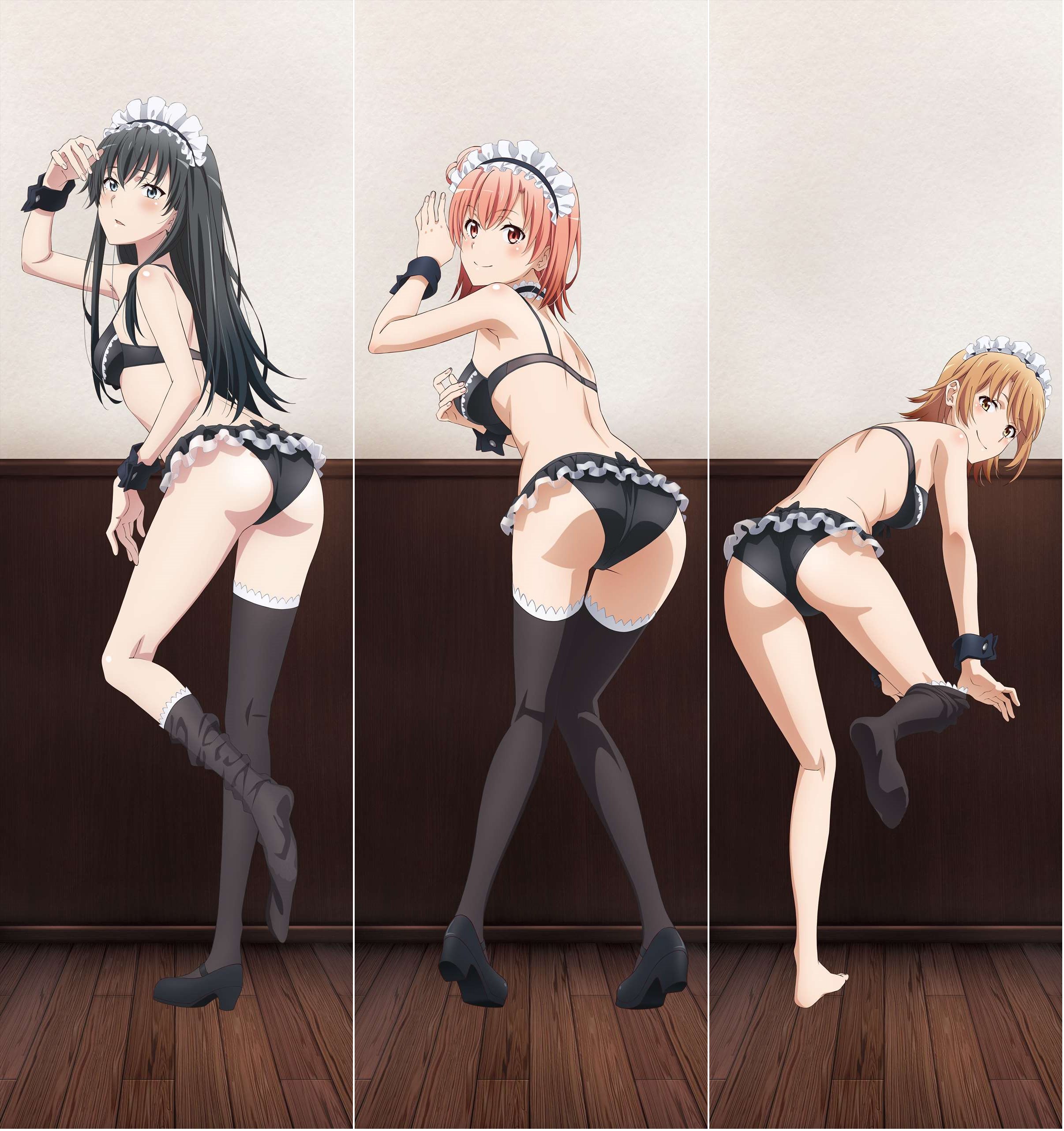 3girls, absurdres, ass, barefoot, black hair, black legwear, blue eyes, blush, body blush, bra, breasts, brown eyes, brown hair, from behind, high heels, highres, isshiki iroha, leg up, lingerie, long hair, looking at viewer, maid, maid headdress, multiple girls, my teen romantic comedy snafu, official art, panties, pink hair, red eyes, shoes, sideboob, smile, thighhighs, underwear, undressing, wristband, yuigahama yui, yukinoshita yukino, zettai ryouiki
