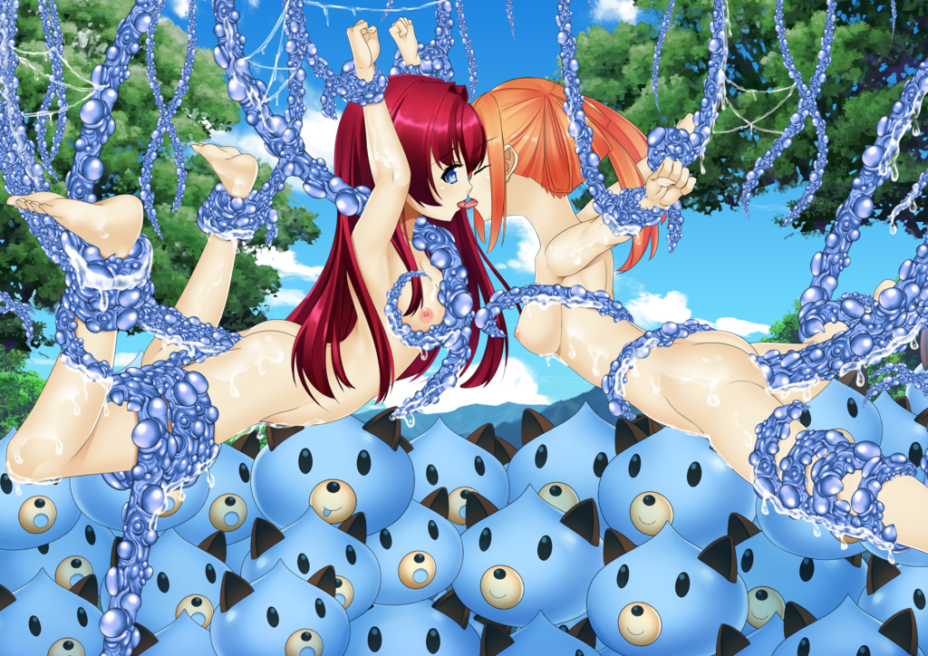 2girls areolae ass barefoot bed blue_eyes bondage breasts closed_eyes cpu_(neptunia) dogoo feet french_kiss goddess handsofmidaz kissing long_hair multiple_girls multiple_subs naked neptunia_(series) nipples nude nude_female orange_hair orange_heart original_character outdoors power_symbol-shaped_pupils red_hair restrained sideboob slime_monster soles spread_legs suspended tentacle toes tongue tongue_out uzume_tennouboshi vaginal_penetration video_games yuri