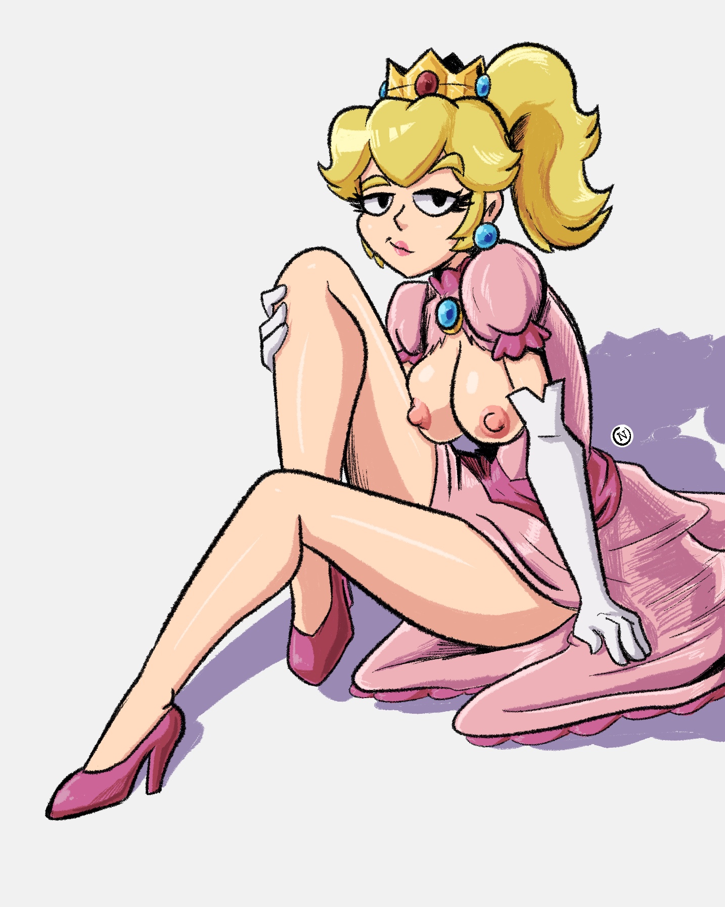 1girls, 2024, areolae, black eyes, blonde hair, blue earrings, breasts, breasts out, crown, dress, earrings, elbow gloves, eyebrows visible through hair, female, female only, gloves, high heels, human, light skin, light-skinned female, looking at viewer, mario (series), nanus2, nintendo, nipples, pink dress, ponytail, princess peach, shiny skin, simple background, smirk, solo, thighs, torn clothes, white gloves