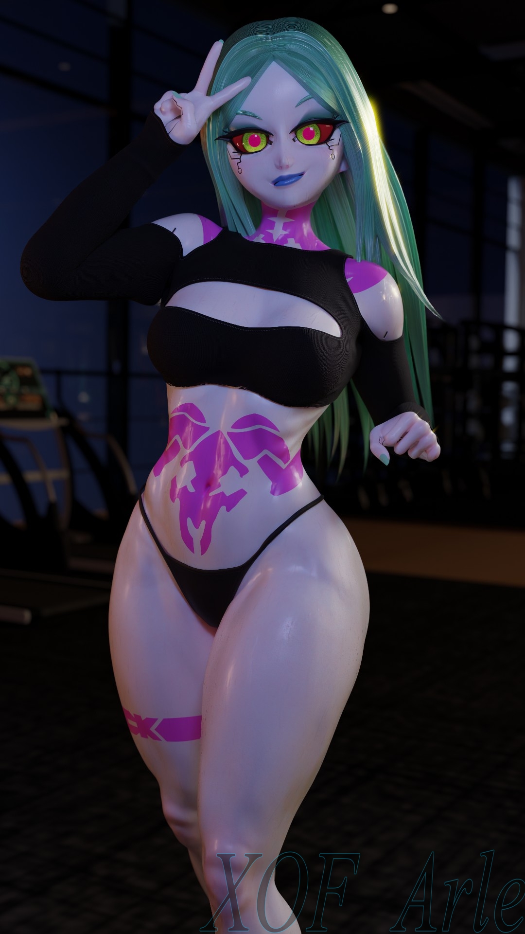 1girls, 3d, arlequinfox, bikini bottom, curvy, curvy figure, cyberpunk 2077, cyberpunk: edgerunners, cyborg, female, female focus, female only, green eyes, green hair, looking at viewer, rebecca (edgerunners), red sclera, sweat, wet, wet body, white body
