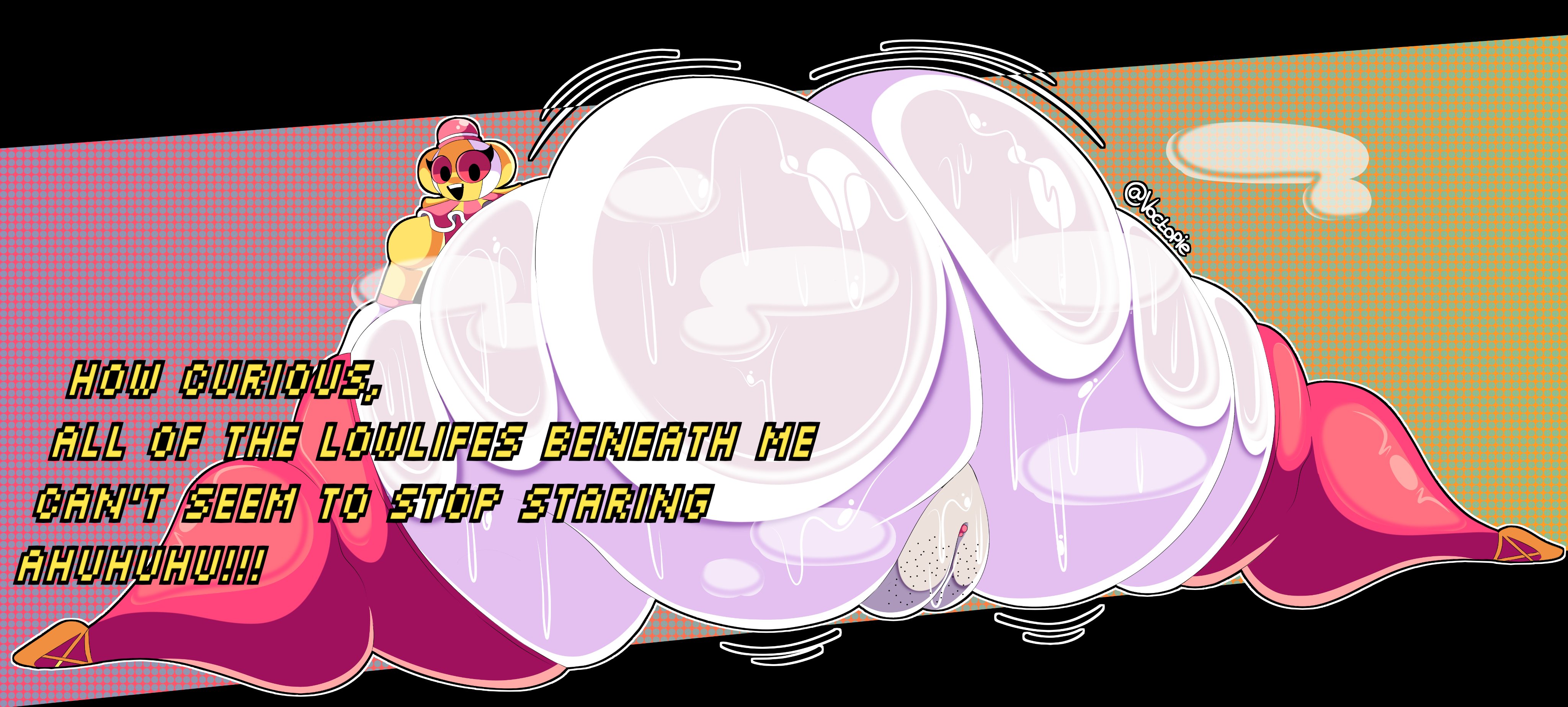 1girls, ass, big ass, clown girl, dialogue, endacopia, gigantic ass, hairy pussy, huge ass, hyper thighs, pussy, solo, stockings, sweat, sweating, text, thick thighs, thighs, trapezist (endacopia), uncensored, voctopie, watermark, wobbling ass