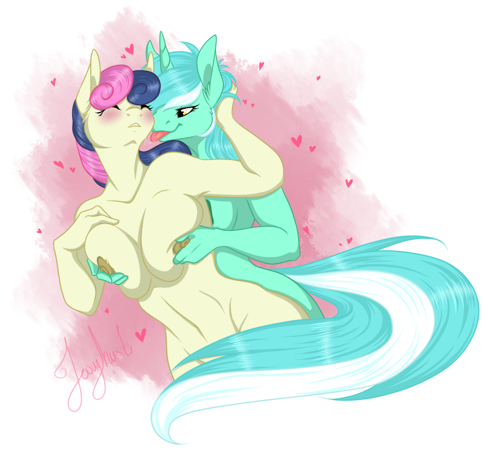 2014 anthro anthrofied big_breasts blue_hair blush bodily_fluids bonbon_(mlp) breast_grab breasts closed_eyes duo earth_pony equid equine female female/female friendship_is_magic fur green_body green_fur green_hair grope hand_on_breast hasbro heart horn horse jooughust lyra_heartstrings_(mlp) mammal multicolored_hair my_little_pony mythological_creature mythological_equine mythology nipples pink_hair pony romantic romantic_ambiance romantic_couple saliva tongue tongue_out two_tone_hair unicorn white_hair yellow_body yellow_eyes yellow_fur