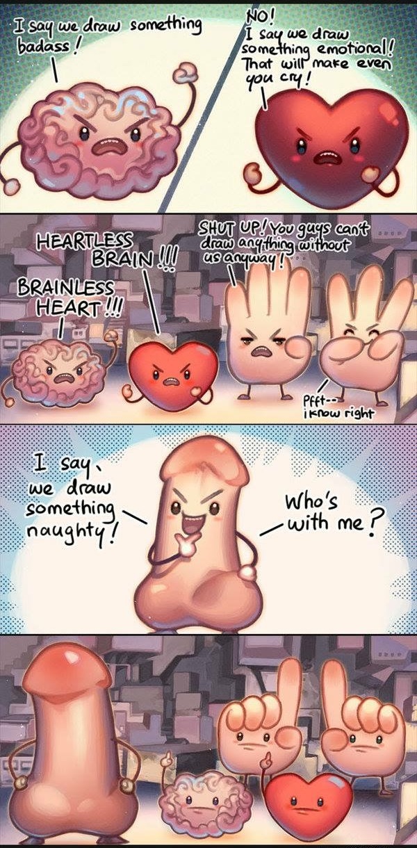 :| angry body_horror brain comic dialogue english_text erection group heart humor naughty_face open_mouth penis smile source_request teeth text unknown_artist what yelling