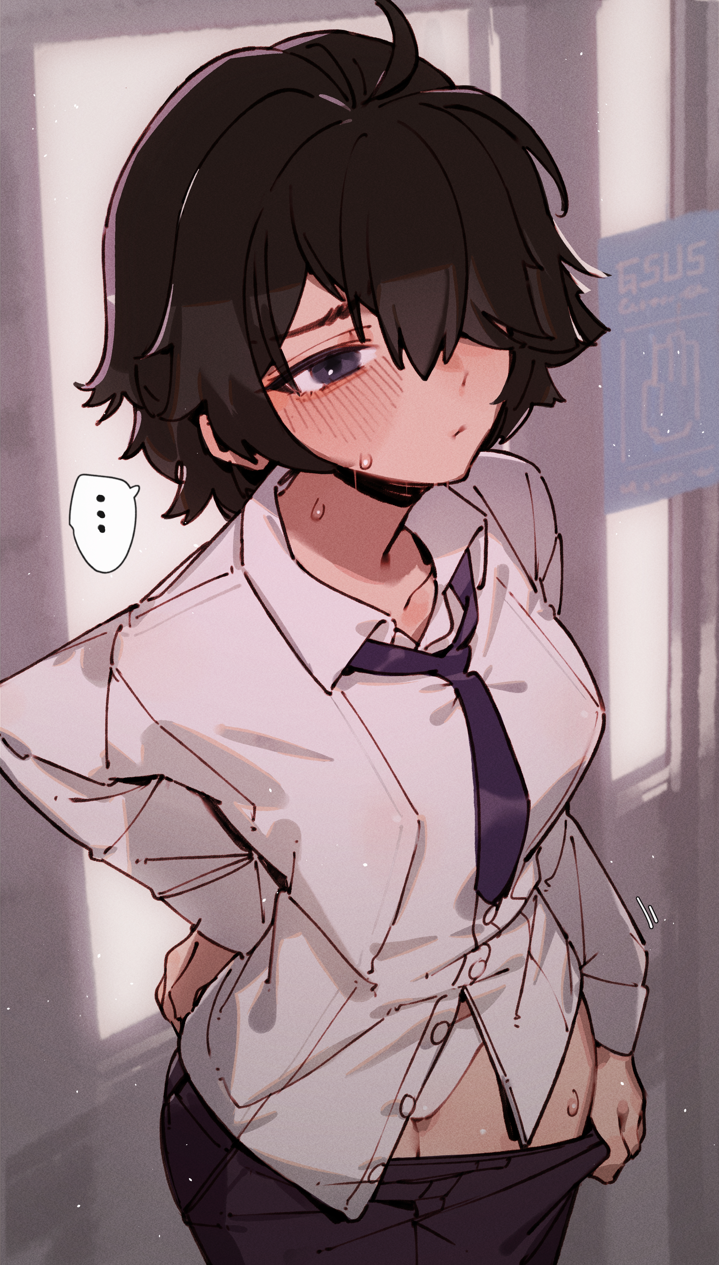 black pants, blue necktie, brown hair, dress shirt, female, gsusart, maddie (seki), panties, pants pull, pulling own clothes, sweat, tomboy