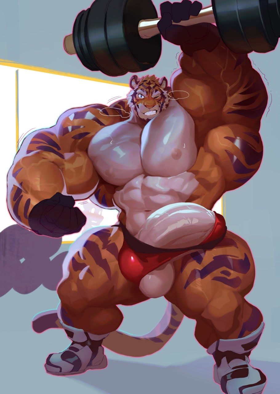 anthro balls big_muscles bodily_fluids clothing digital_media_(artwork) erection exercise felid genitals grin gym hi_res huge_muscles hyper hyper_muscles lats_(muscle) male mammal muscular muscular_anthro muscular_arms muscular_male muscular_thighs nipples null-ghost pantherine pecs penis smile solo solo_focus sweat tail tiger wardrobe_malfunction weightlifting workout