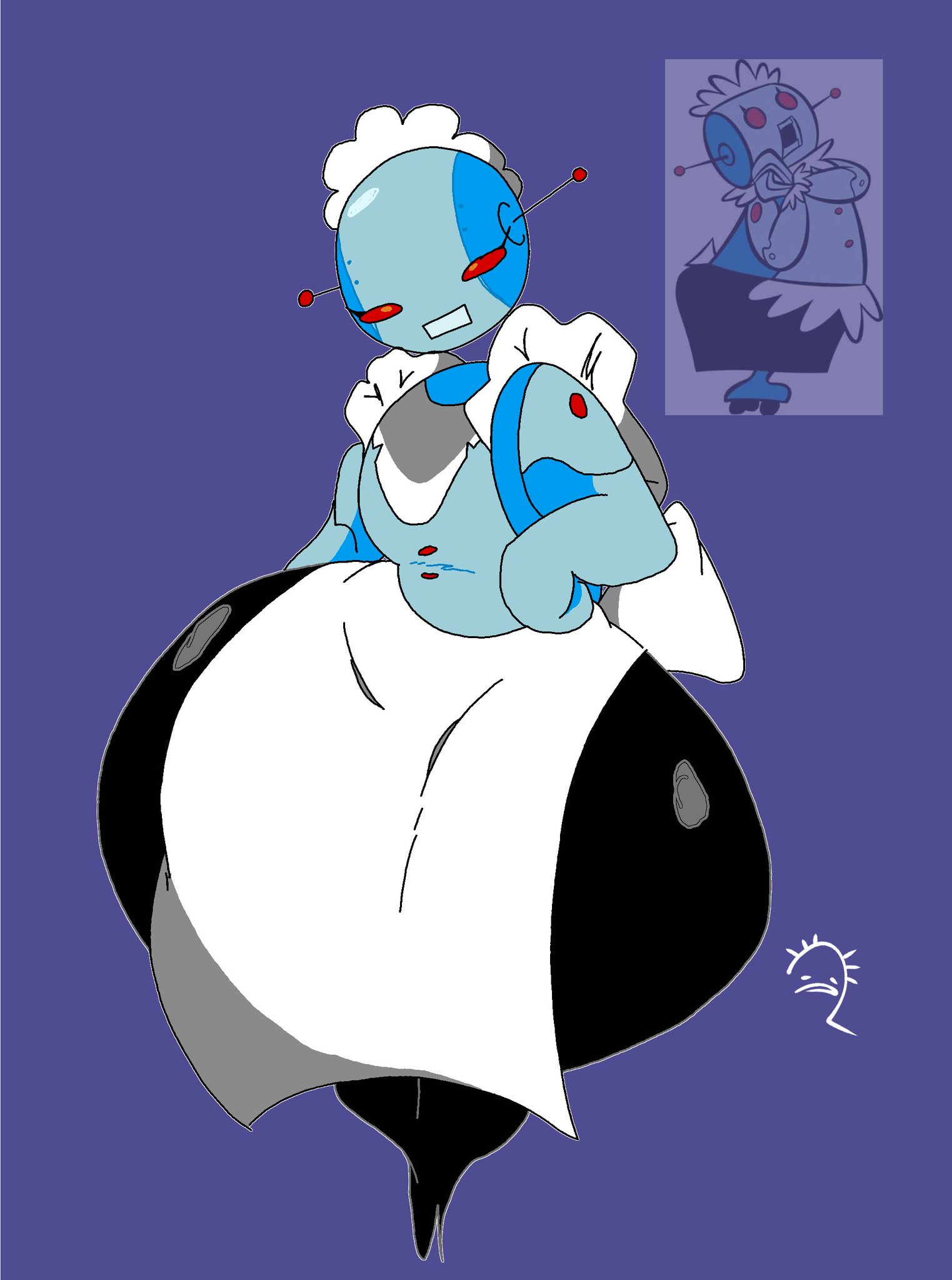 antennae, antennae (anatomy), ass, big ass, blue body, disembodied head, female, female only, gigantic ass, hips, hips wider than shoulders, huge ass, maid, maid apron, maid headdress, maid uniform, orange eyes, red eyes, reference image, robot, robot girl, rosie the robot, safres 0, the jetsons, thick thighs, thighs, wide hips