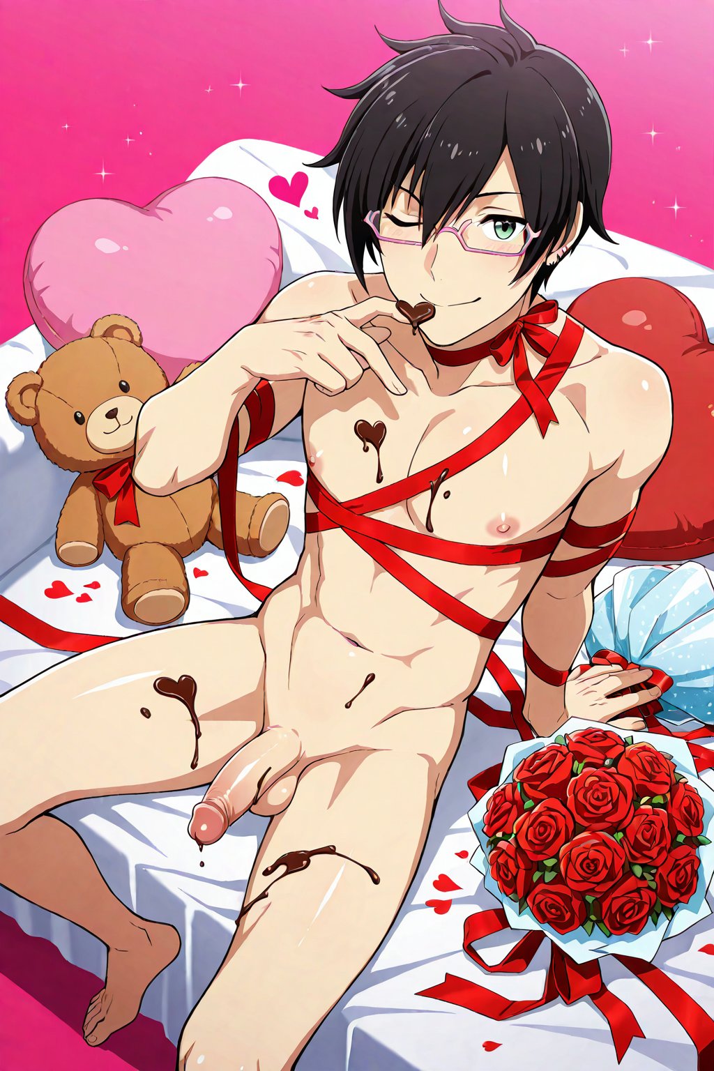 1boy ai_generated black_hair bouquet chocolate glasses green_eyes idolmaster idolmaster_side-m iseya_shiki male male_focus male_only nude nude_male pink_glasses plagion rope solo solo_male teddy_bear the_idolm@ster valentine's_day