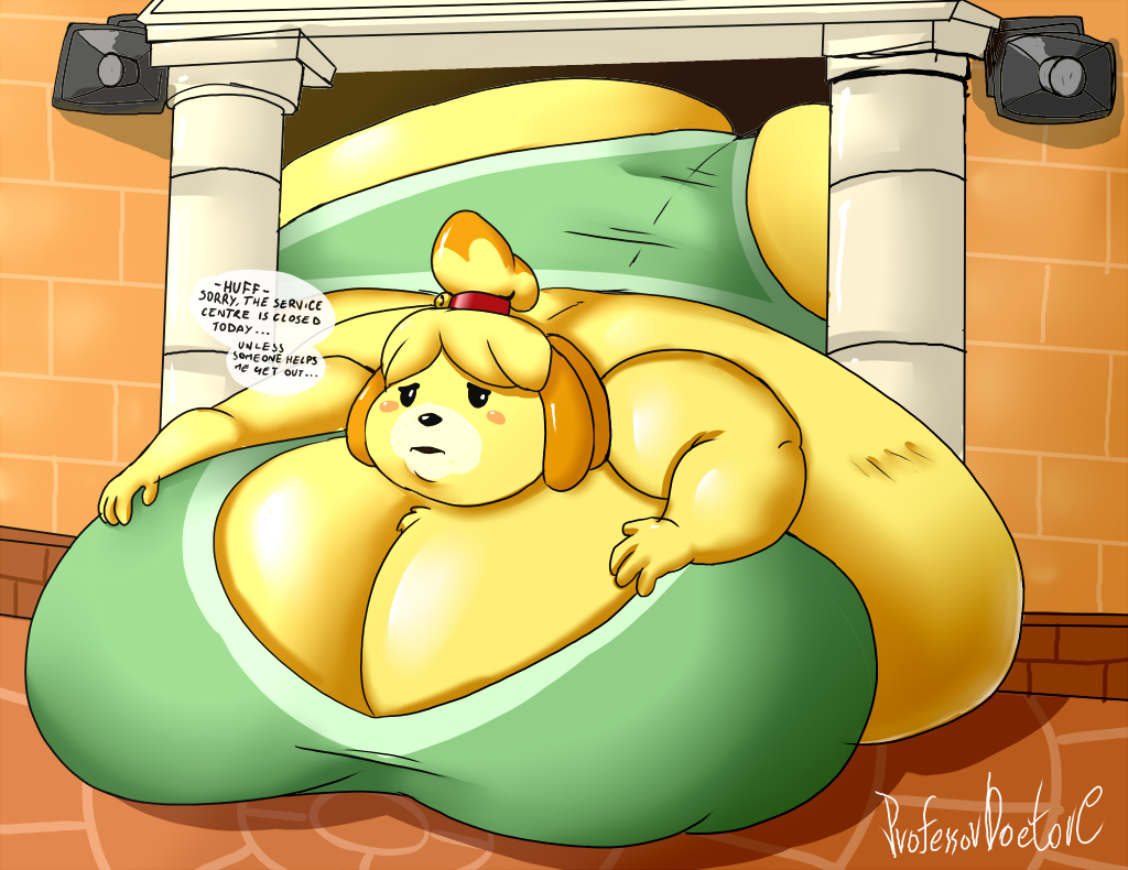 1girls animal_crossing anthro ass belly belly_on_ground big_belly blonde_hair breasts canine canine canine_humanoid cleavage collar english_text fat female female_focus female_only furry hyper hyper_ass hyper_breasts immobile immobilization isabelle_(animal_crossing) large_ass large_belly large_breasts laying_down laying_on_stomach nintendo obese obese_female overweight overweight_female professordoctorc stomach stuck stuck_in_door text weight_gain yellow_body