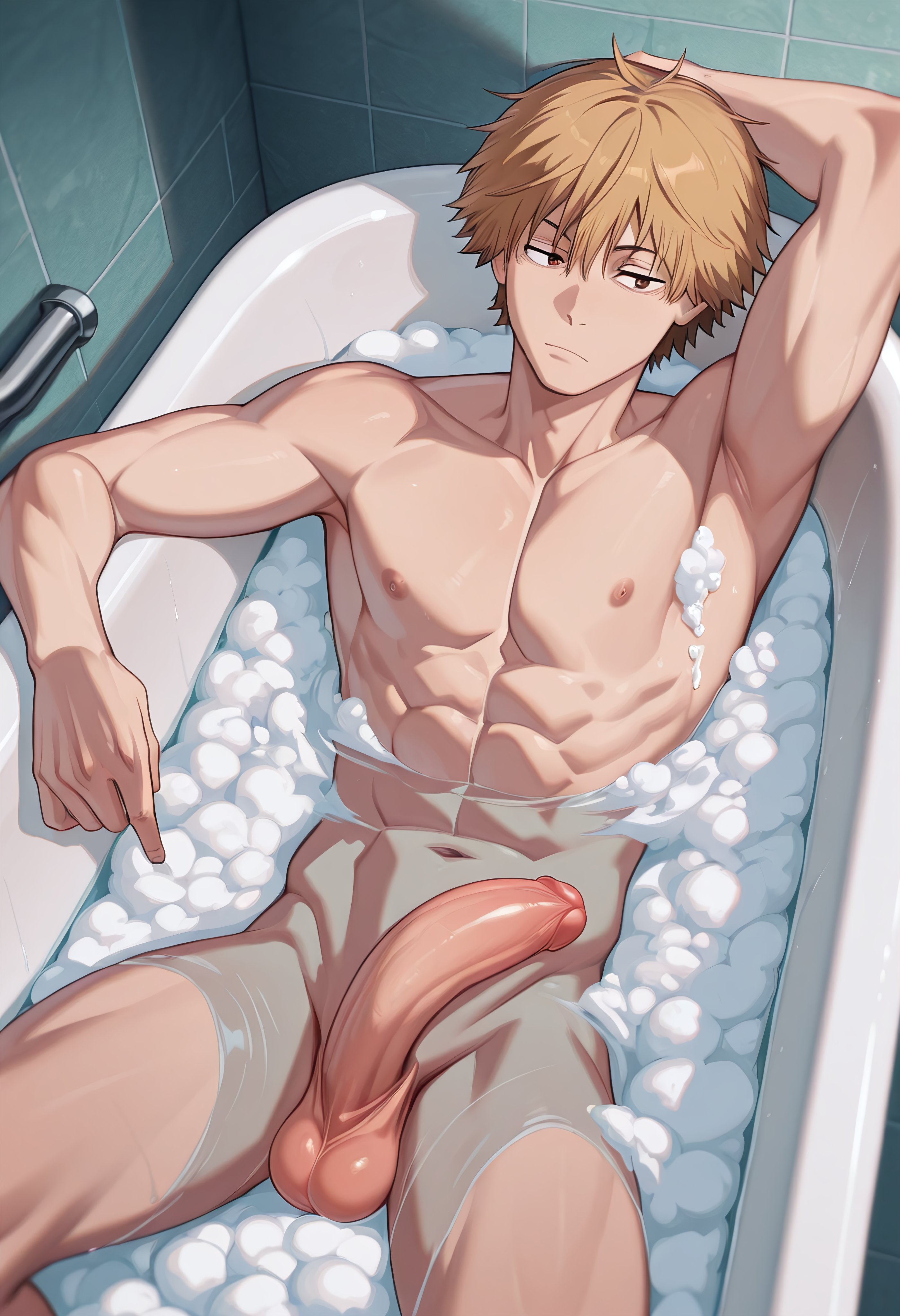 abs, ai generated, blonde hair, blonde-haired male, chainsaw man, denji (chainsaw man), dick, male, male focus, male only, nipples, penis, snackji, solo male