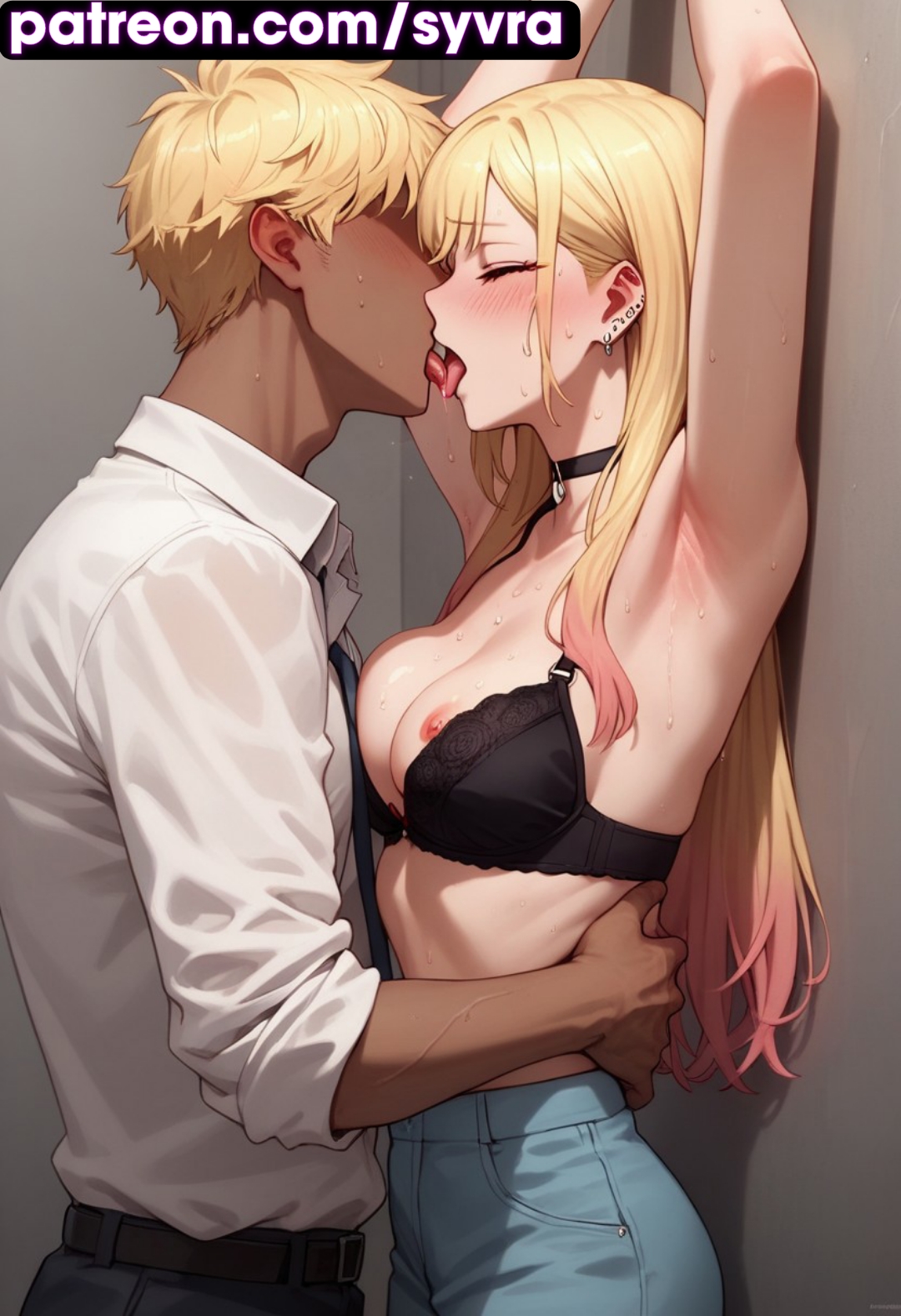 1boy, ai generated, ass, big ass, big breasts, blonde hair, breasts, female, kissing, kitagawa marin, male, naked female, ryuuziken01, sono bisque doll wa koi wo suru