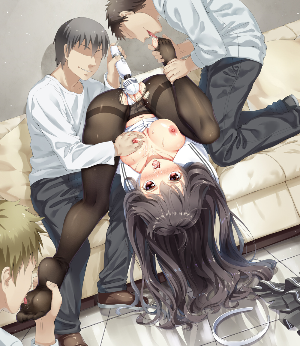 3boys black_hair blush breast_grab breasts clothing dutch_angle faceless faceless_male female foot_lick grabbing hairband haneru hitachi_magic_wand kasumigaoka_utaha licking long_hair multiple_boys nipples panties panties_aside pantyhose rape red_eyes saenai_heroine_no_sodatekata school_uniform torn_clothes torn_pantyhose underwear upside-down vibrator