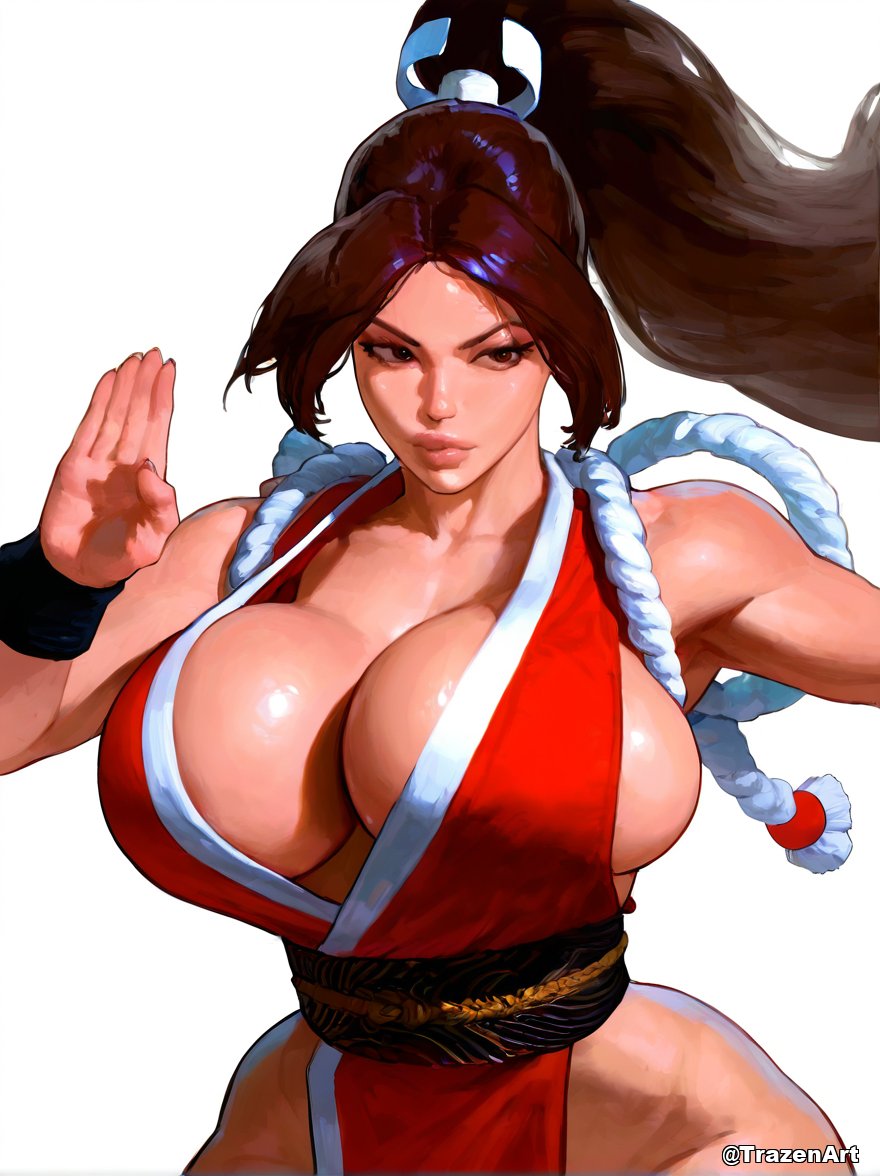 ai_generated cleavage deep_cleavage huge_breasts king_of_fighters large_breasts loincloth mai_shiranui pelvic_curtain street_fighter street_fighter_6 teasing the_king_of_fighters trazenart upper_body very_long_hair white_background