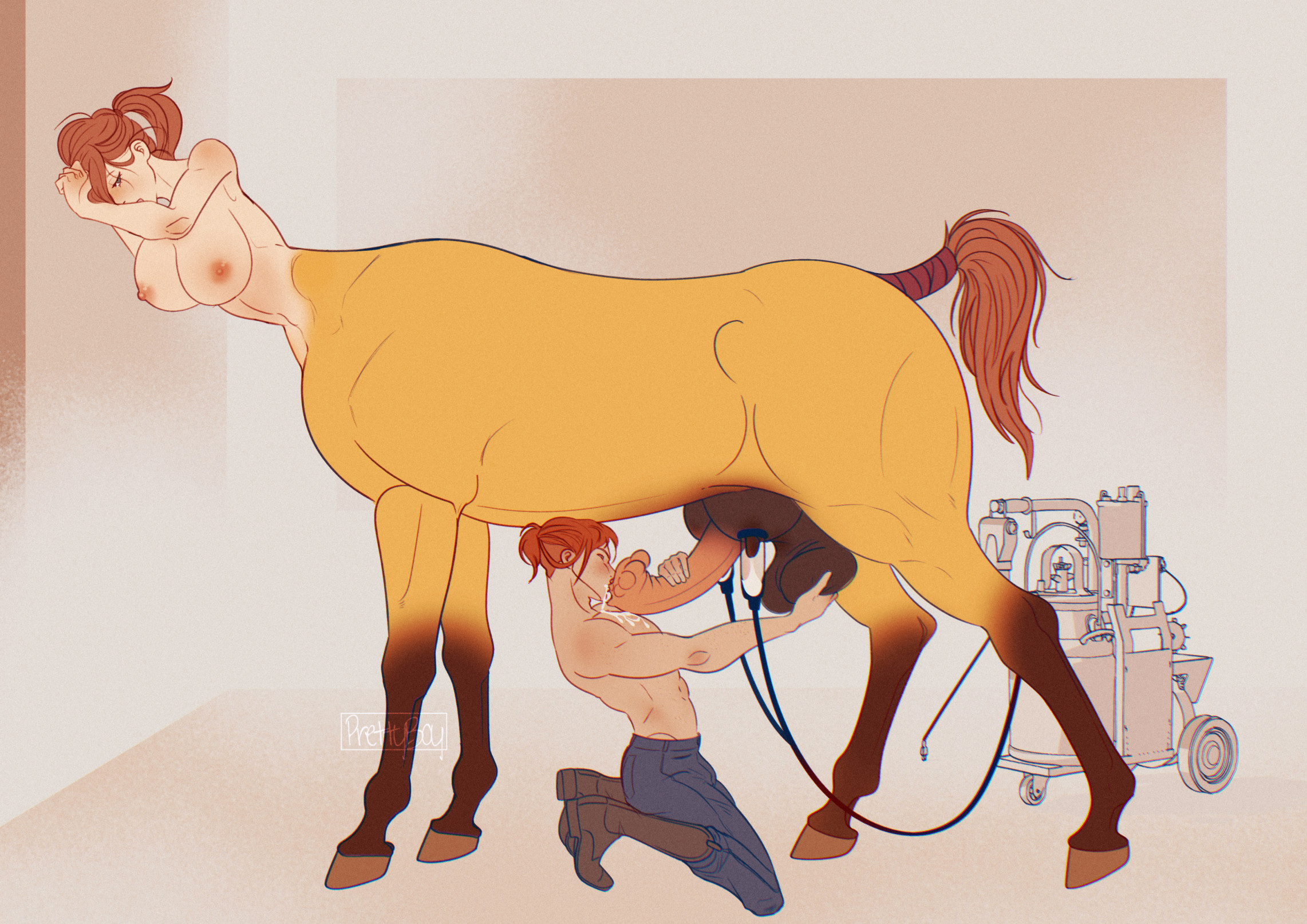 1boy, 1futa, 2d, animal genitalia on humanoid, centaur, fellatio, female, futa on male, futanari, futataur, horsecock, horsecock futa, horsecock on humanoid, intersex, male, male sucking futa, mattydevily, monster, monster girl, penis, prettyboy (artist), taur