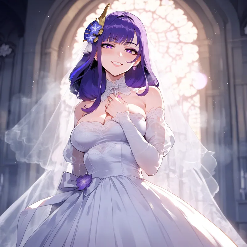 ai_generated big_breasts busty genshin_impact hoyoverse raiden_shogun wedding_dress wife