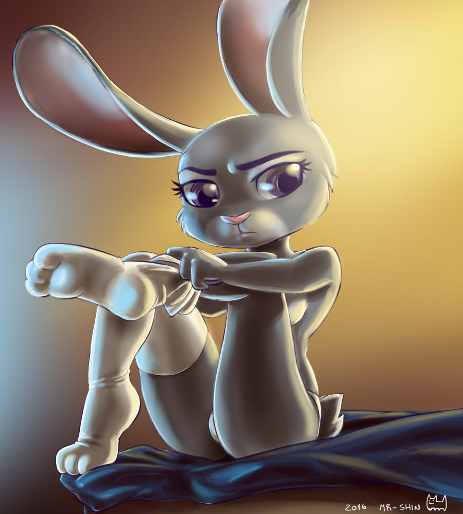 1girls 2016 anthro disney dressing female female_only furry judy_hopps mr-shin panties partially_nude small_breasts solo stockings zootopia