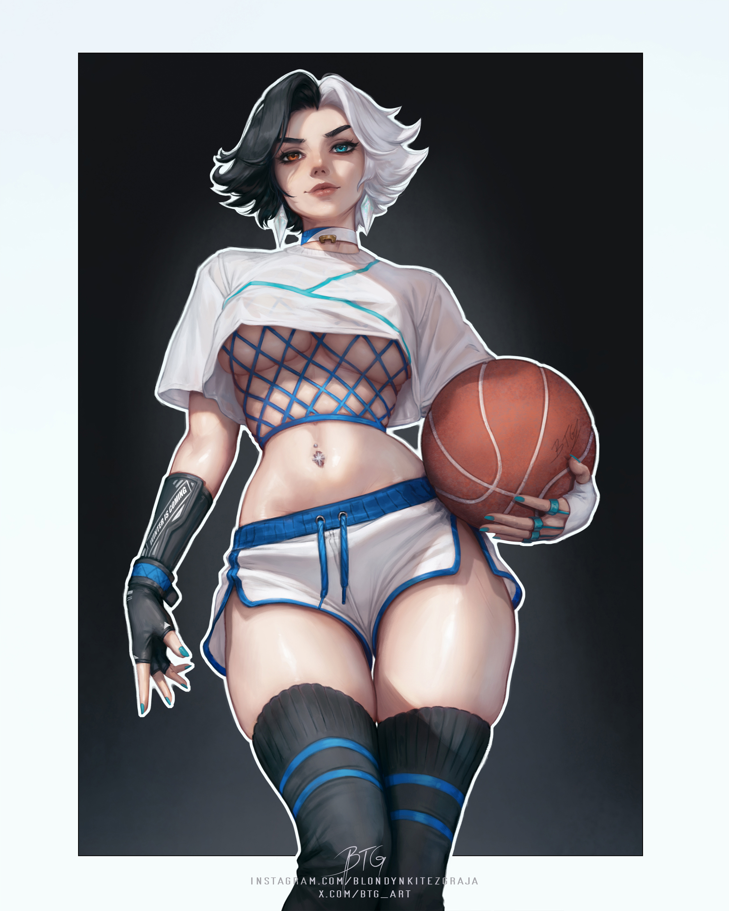1girls, 2d, athletic, athletic female, basketball, blondynkitezgraja, breasts, btg, btg art, clothed, clothed female, crop top, crop top overhang, female, female only, female torso, korean female, luna snow, luna snow (marvel rivals), marvel, marvel comics, marvel rivals, midriff, nail polish, navel, navel piercing, painted fingernails, painted nails, seol hee, thick thighs, thighhighs, underboob