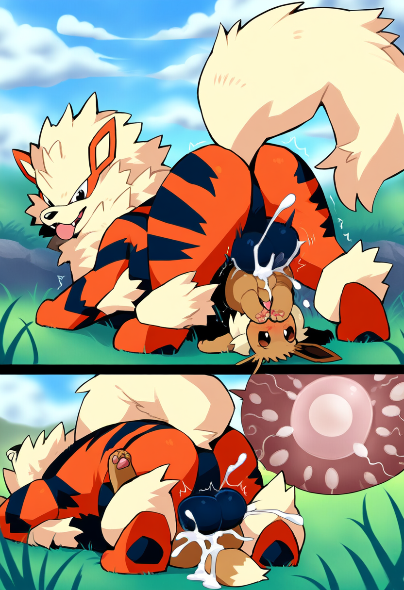 ai_generated arcanine breeding cub cum_inside eevee feral impregnation knot knotted_penis knotting mating_press novelai pokemon