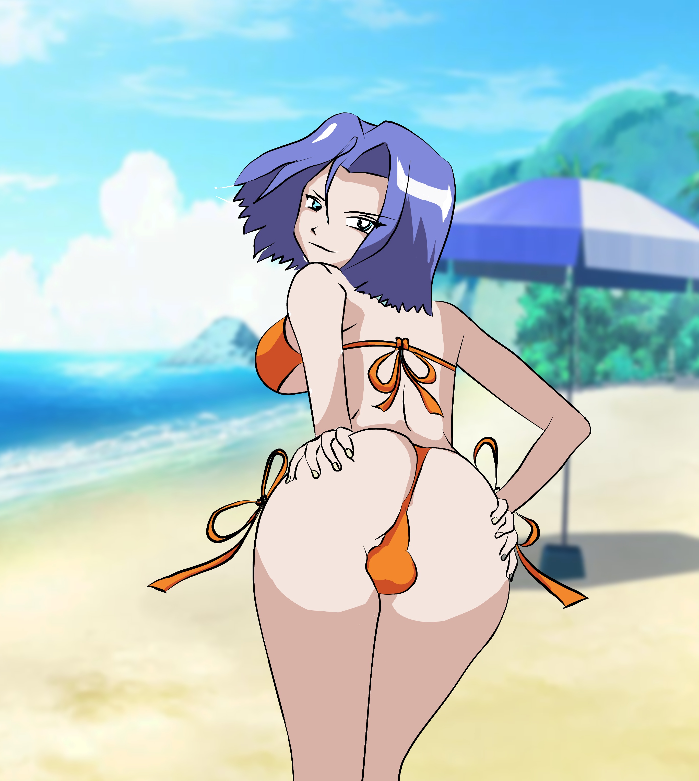 1boy, ass, ass grab, back, balls, balls in panties, bare shoulders, beach, big breasts, bikini, blue eyes, breasts, bulge, busty male, canon crossdressing, crossdressing, fake breasts, hands on ass, human, james (pokemon), jamie (pokemon), looking at viewer, looking back, male, male with breasts, nintendo, outdoors, pokemon, pokemon rgby, purple hair, short hair, sky, smile, solo, standing, team rocket, trap, underboob, water