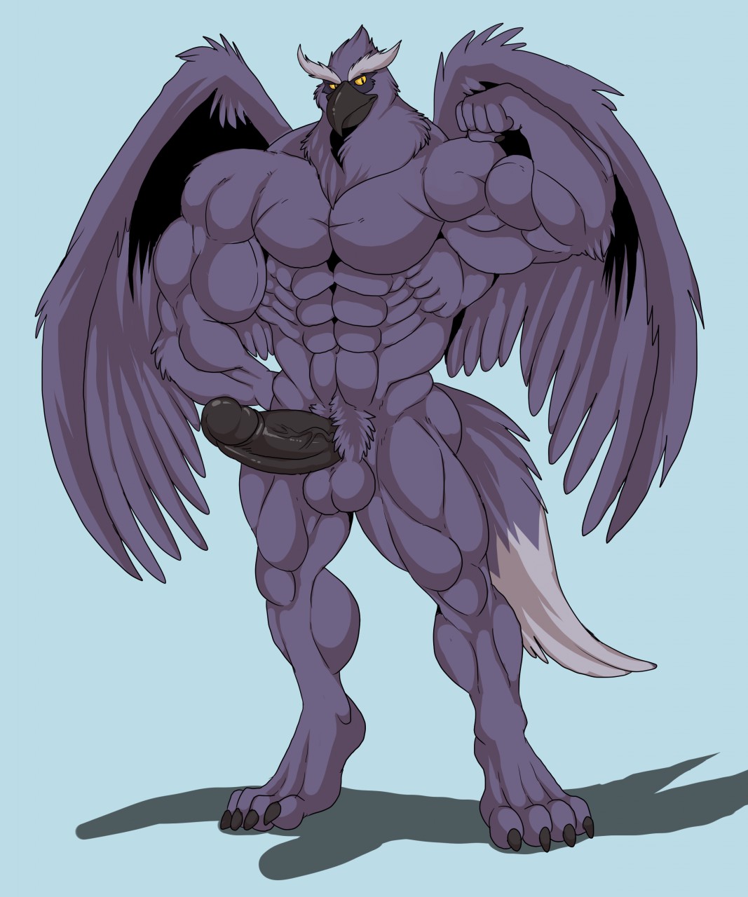 2016 abs arody avian balls beak biceps big_balls big_biceps black_beak black_claws black_penis blue_background claws colored erection feathers flexing full-length_portrait gryphon huge_balls humanoid_penis hyper hyper_muscles hyper_penis looking_at_viewer lord_kass male male_only manly muscular neopets nude pecs penis portrait pose purple_balls purple_feathers purple_pubic_hair serratus shaded shadow simple_background smile solo standing vein veiny_penis wings yellow_eyes