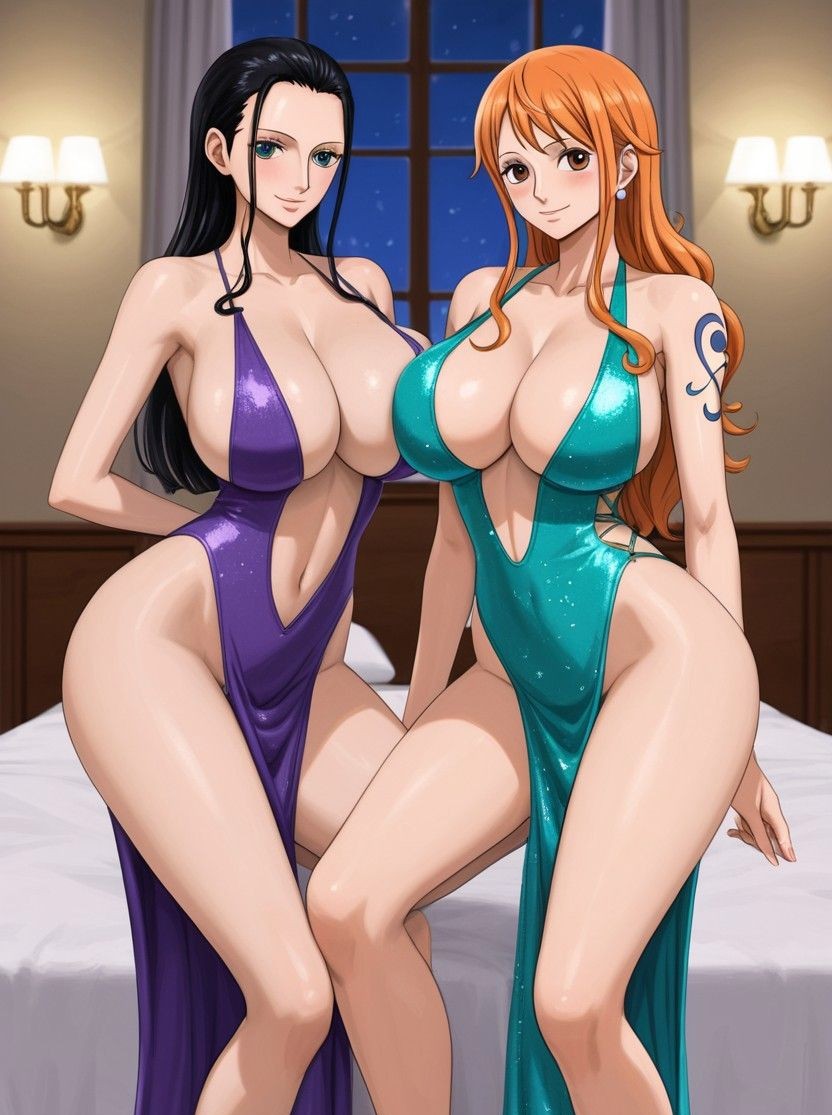 ai_generated big_breasts black_hair dress huge_ass huge_breasts nami nami_(one_piece) nico_robin one_piece orange_hair