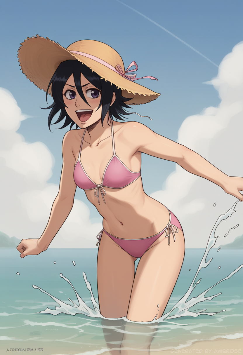 1girls ai_generated ambrose beach bikini black_hair bleach kuchiki_rukia laugh petite purple_eyes self_upload short_hair skinny small_breasts smile stable_diffusion straw_hat sun_hat thigh_gap wading