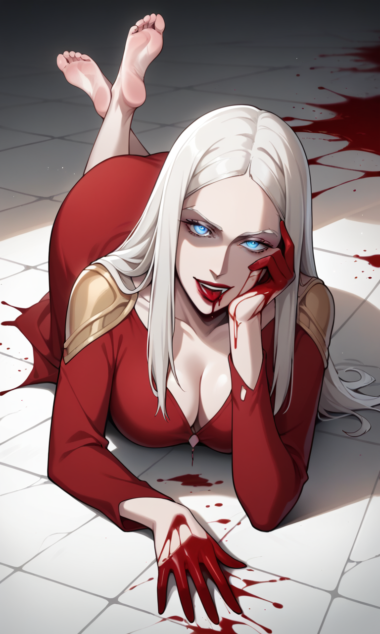 1girls ai_generated barefoot bigmic145 blood breasts carmilla_(castlevania) castlevania castlevania_(netflix) cleavage feet horror lips long_hair medium_breasts monster_girl red_dress vampire white_hair yandere