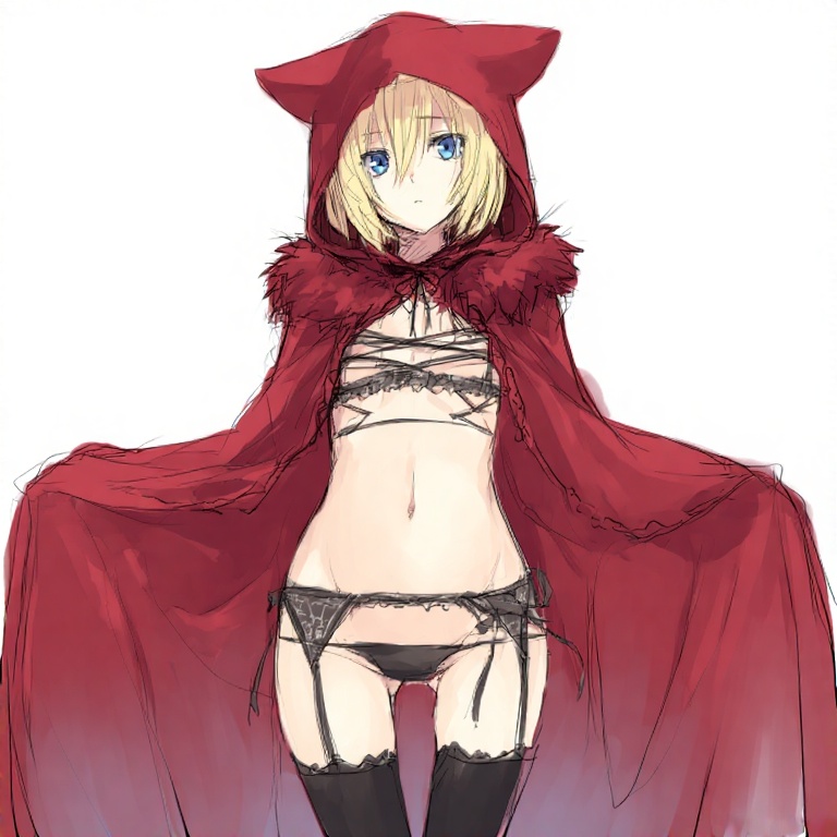 1girls, ai generated, animal hood, black panties, black souls, black souls 2, black thighhighs, blonde hair, blue eyes, breasts, cape, cloak, closed mouth, cowboy shot, cross-laced clothes, expressionless, female, flat chest, fur trim, fur-trimmed cape, fur-trimmed hood, garter belt, garter straps, gluteal fold, groin, hair between eyes, hood, hood up, hooded cape, hooded cloak, hoodie, lingerie, looking at viewer, lowleg, navel, panties, red cape, red cloak, red hood, red hood (black souls), revealing clothes, ribbon, short hair, simple background, sketch, small breasts, solo, standing, string panties, thighhighs, underwear, white background