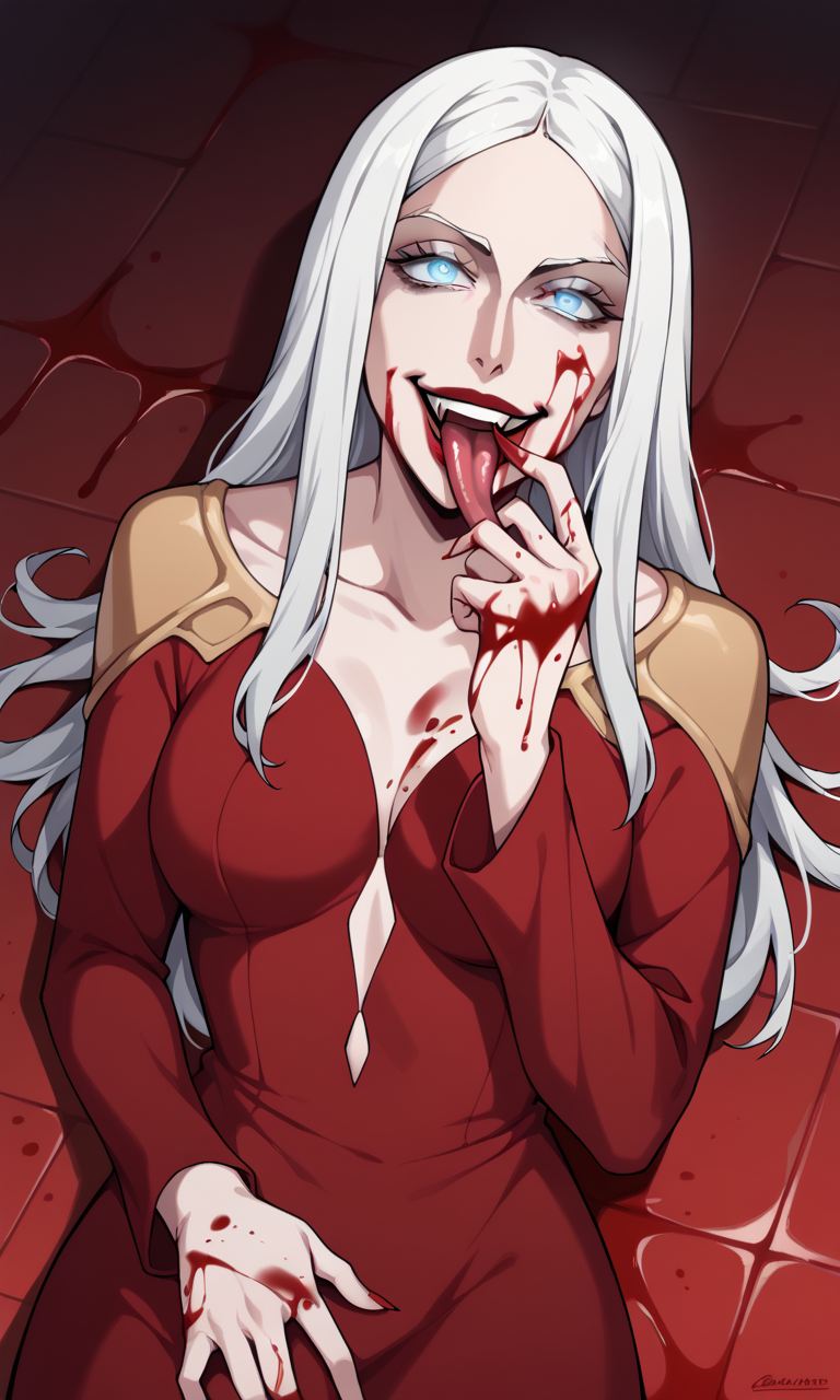 1girls ai_generated bigmic145 blood breasts carmilla_(castlevania) castlevania castlevania_(netflix) cleavage horror lips long_hair long_tongue medium_breasts monster_girl red_dress vampire white_hair yandere