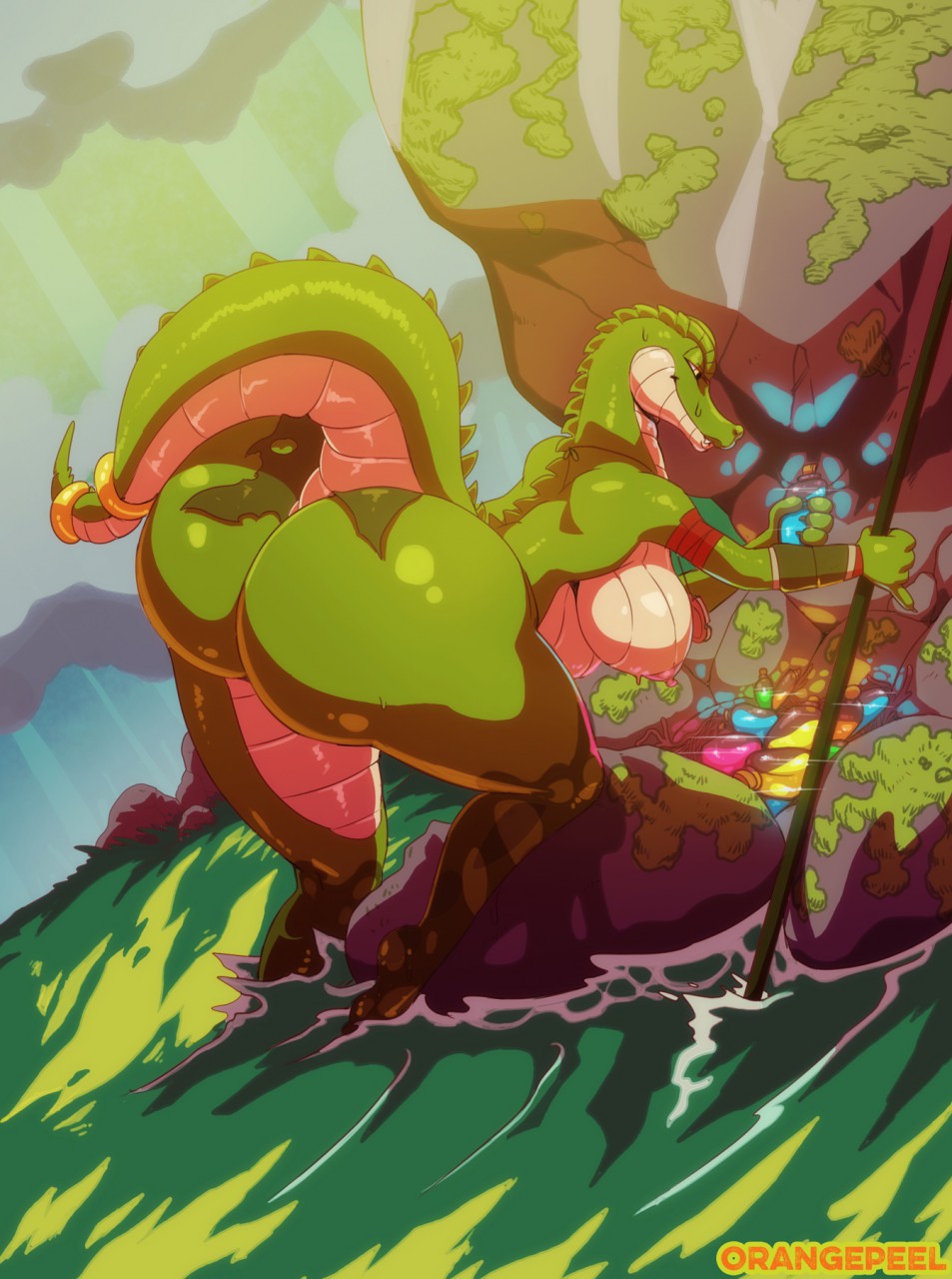 1girls, 2016, alligator, anthro, artist name, ass, bare legs, barefoot, big ass, big breasts, big butt, breasts, clothing, crocodilian, feet, female, female only, fingers, green skin, half-closed eyes, hands, legs, lipstick, loincloth, moss, nipples, non-mammal breasts, orange-peel, pendant, potion, raised tail, reptile, rock, scalie, sideboob, smile, solo, staff, swamp, tail, tribal, voluptuous, water, weapon, yellow eyes