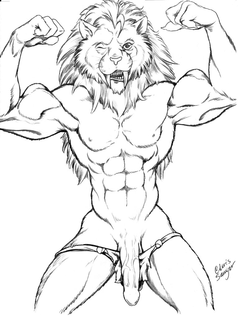 1boy 2006 abs anthro biceps chris_sawyer claws clothing ectomorph fangs feline flexing hair long_hair male male_only mammal mane monochrome muscular nipples one_eye_closed penis pinup pose saber-toothed_cat sharp_teeth solo teeth underwear vein veiny_penis wink